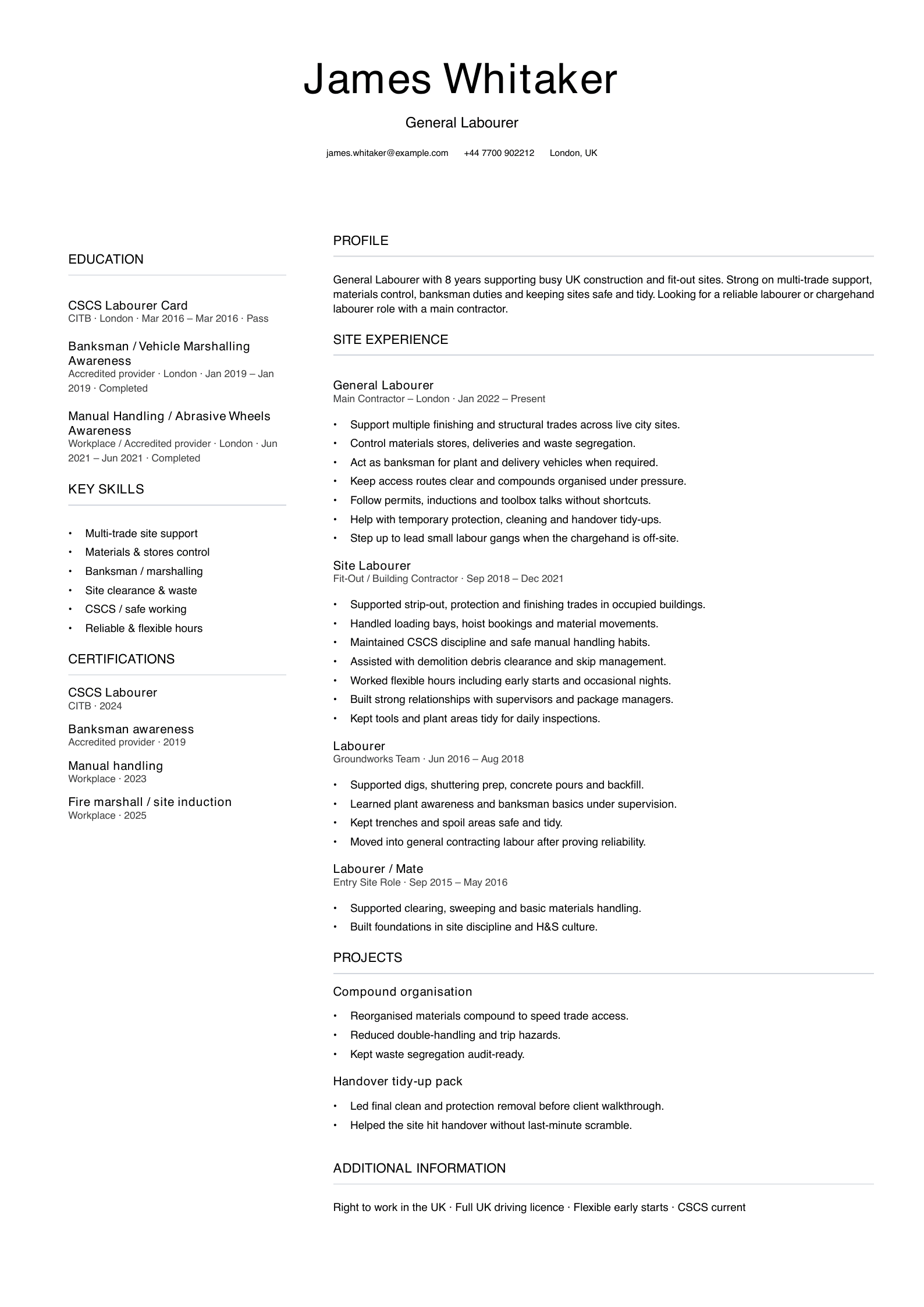 general labourer CV template