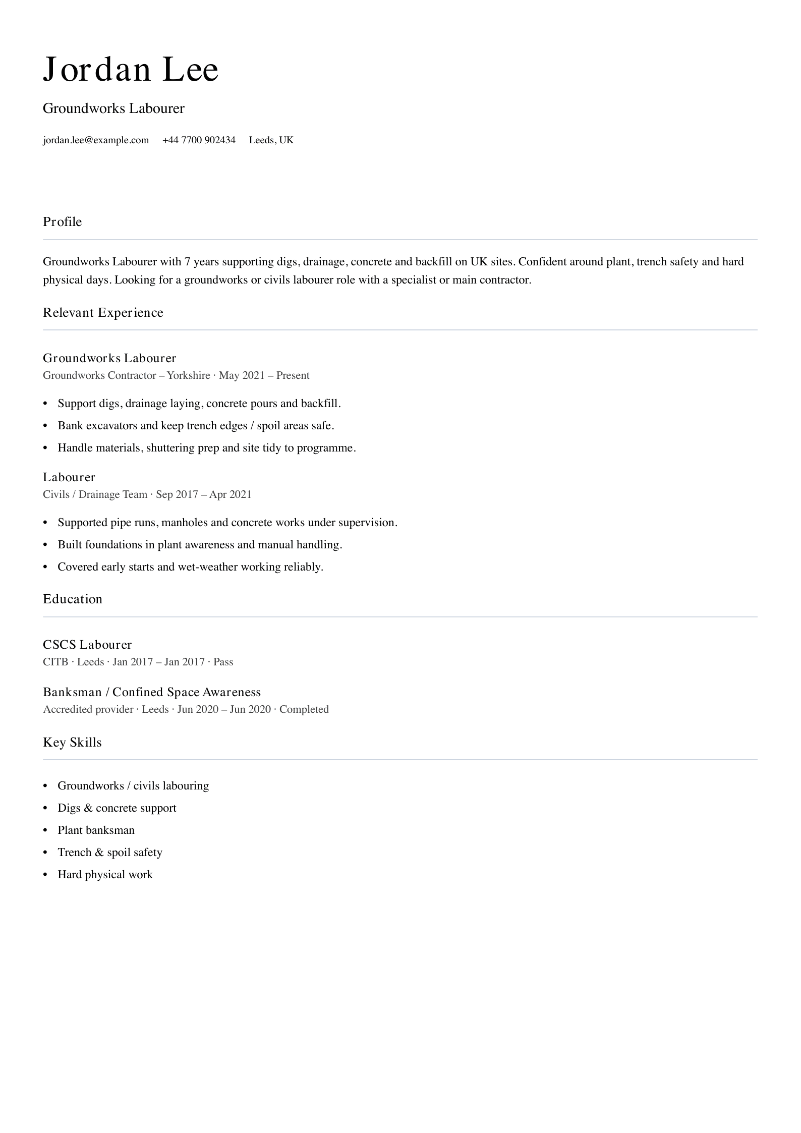 Groundworks labourer CV template