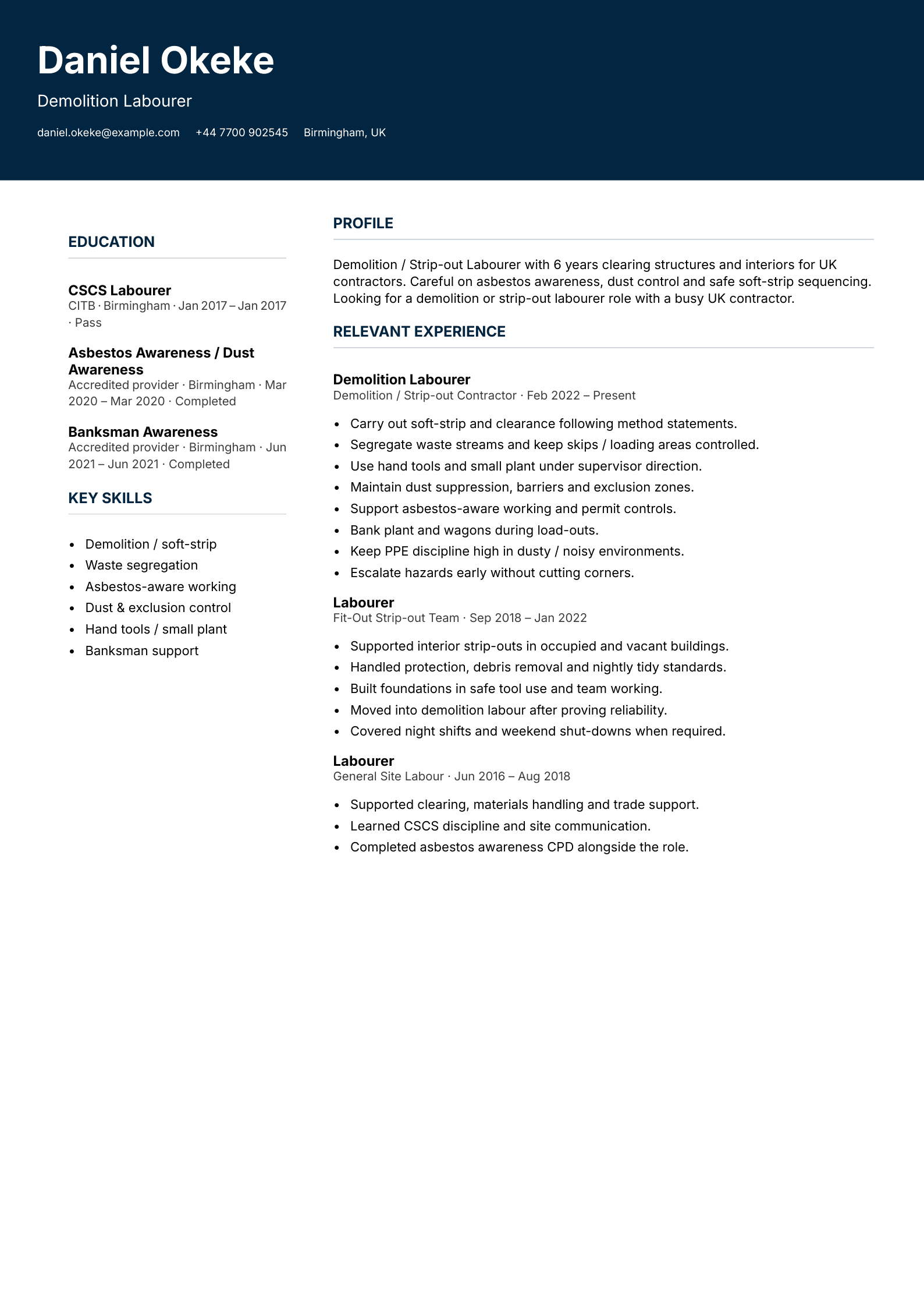 demolition labourer CV template