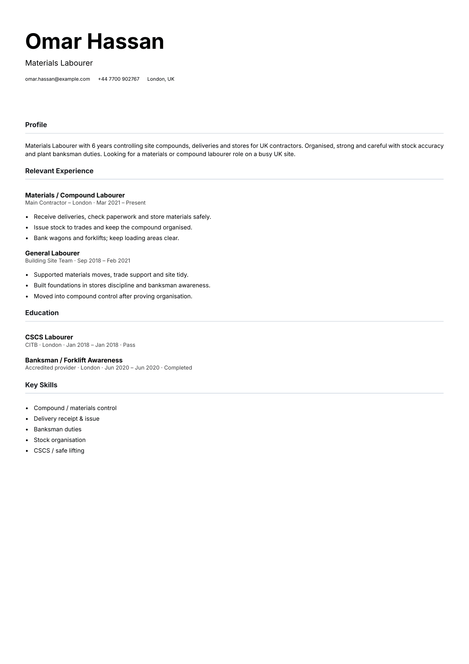 materials labourer CV template