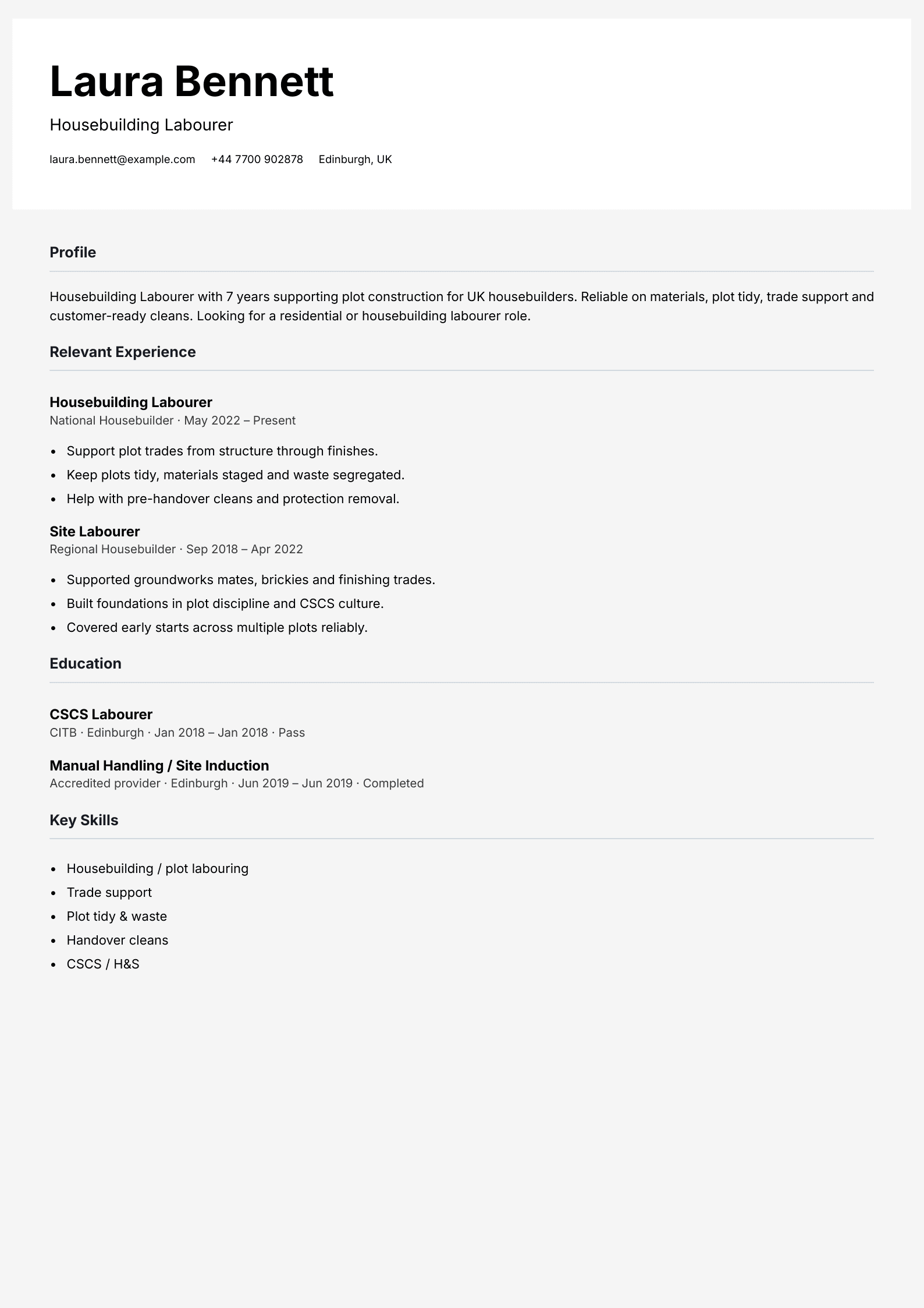 housebuilding labourer CV template