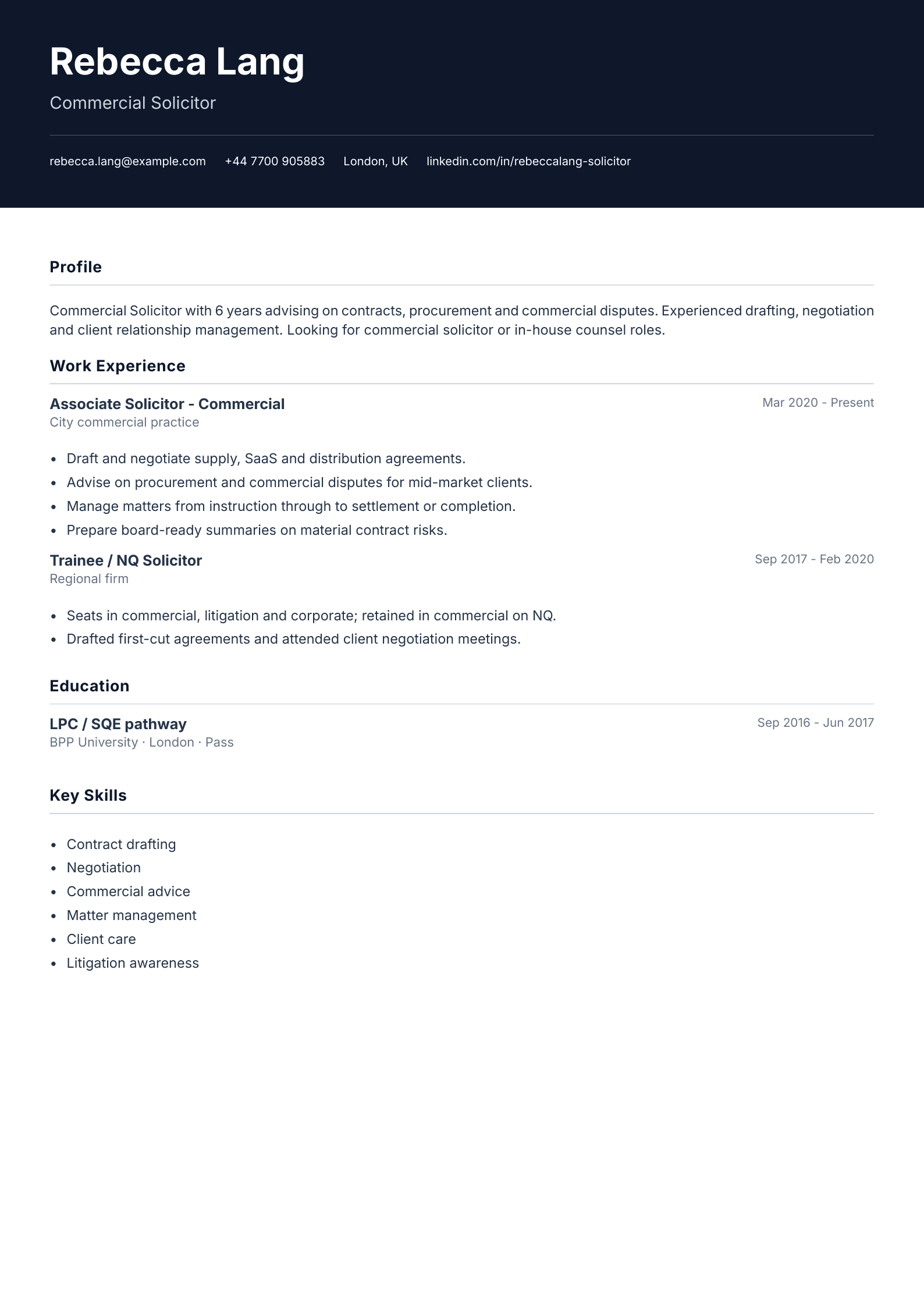free legal cv template commercial solicitor