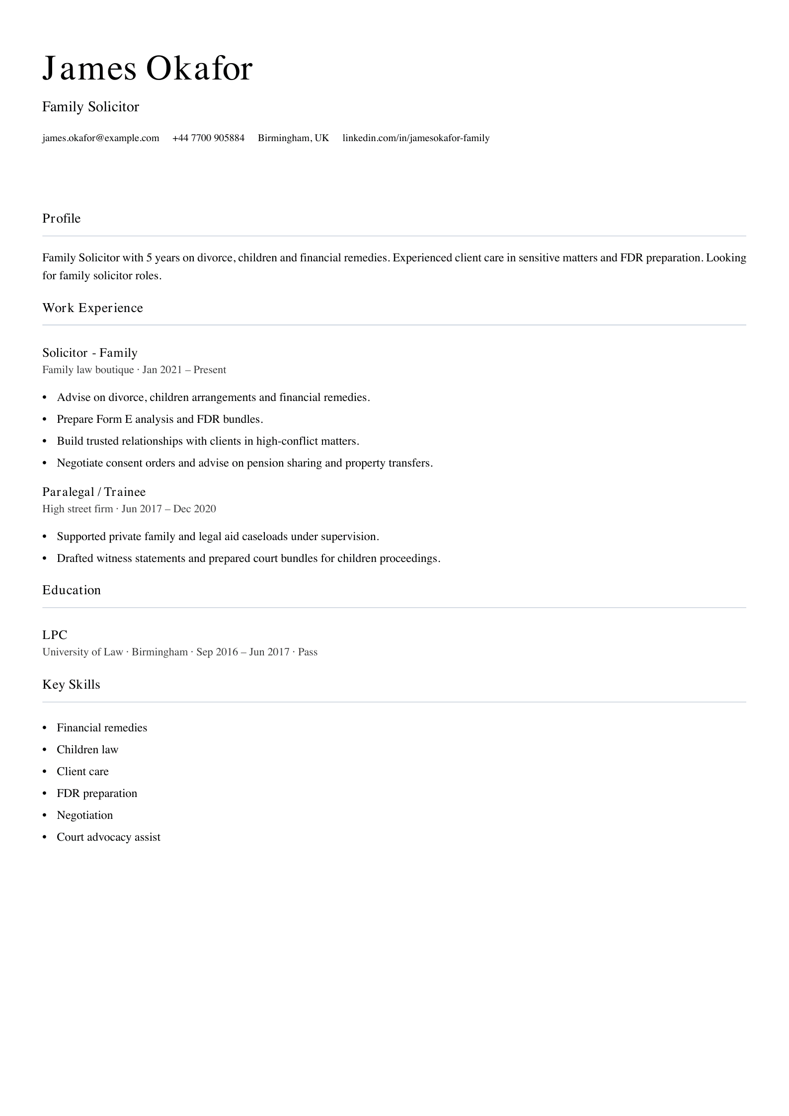 free legal cv template family solicitor
