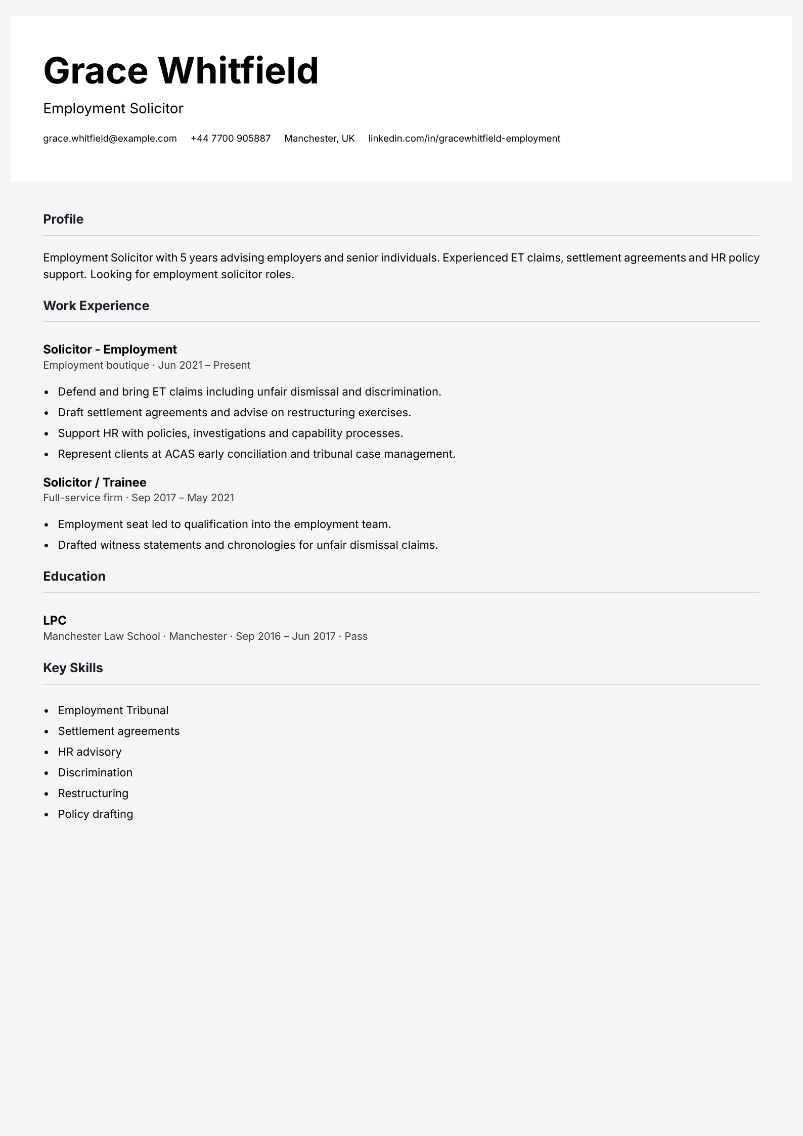 free legal cv template employment solicitor