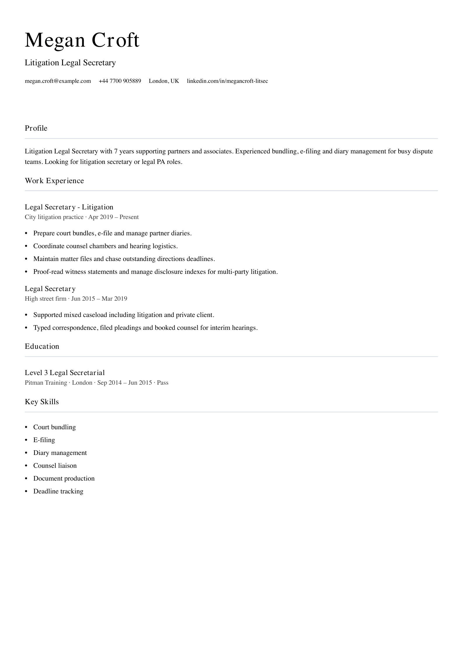disputes team legal secretary cv template