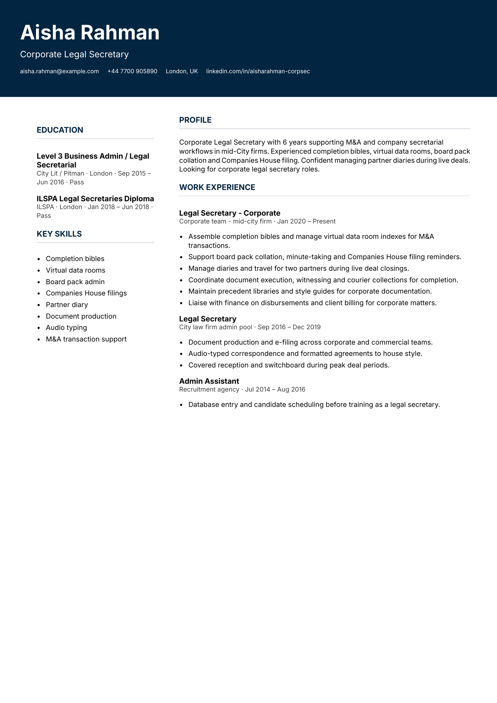 deal desk legal secretary cv template