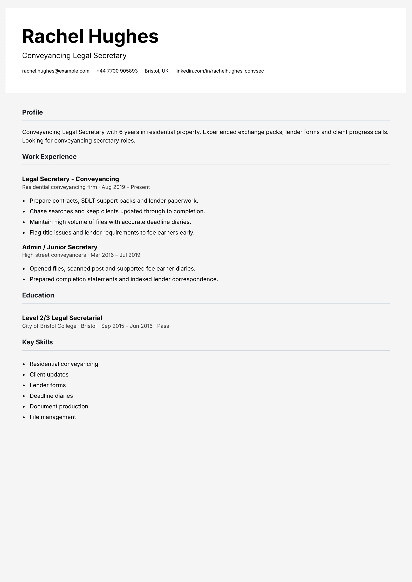 conveyancing legal secretary cv template