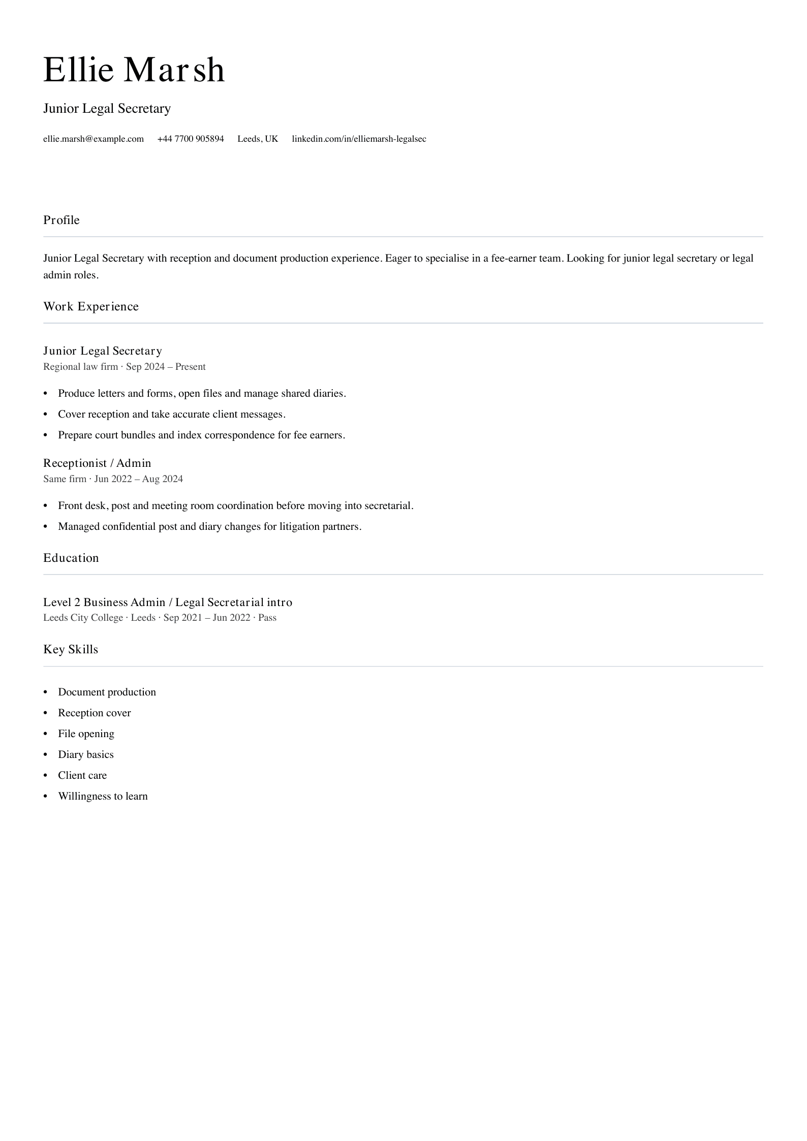 trainee legal secretary cv template