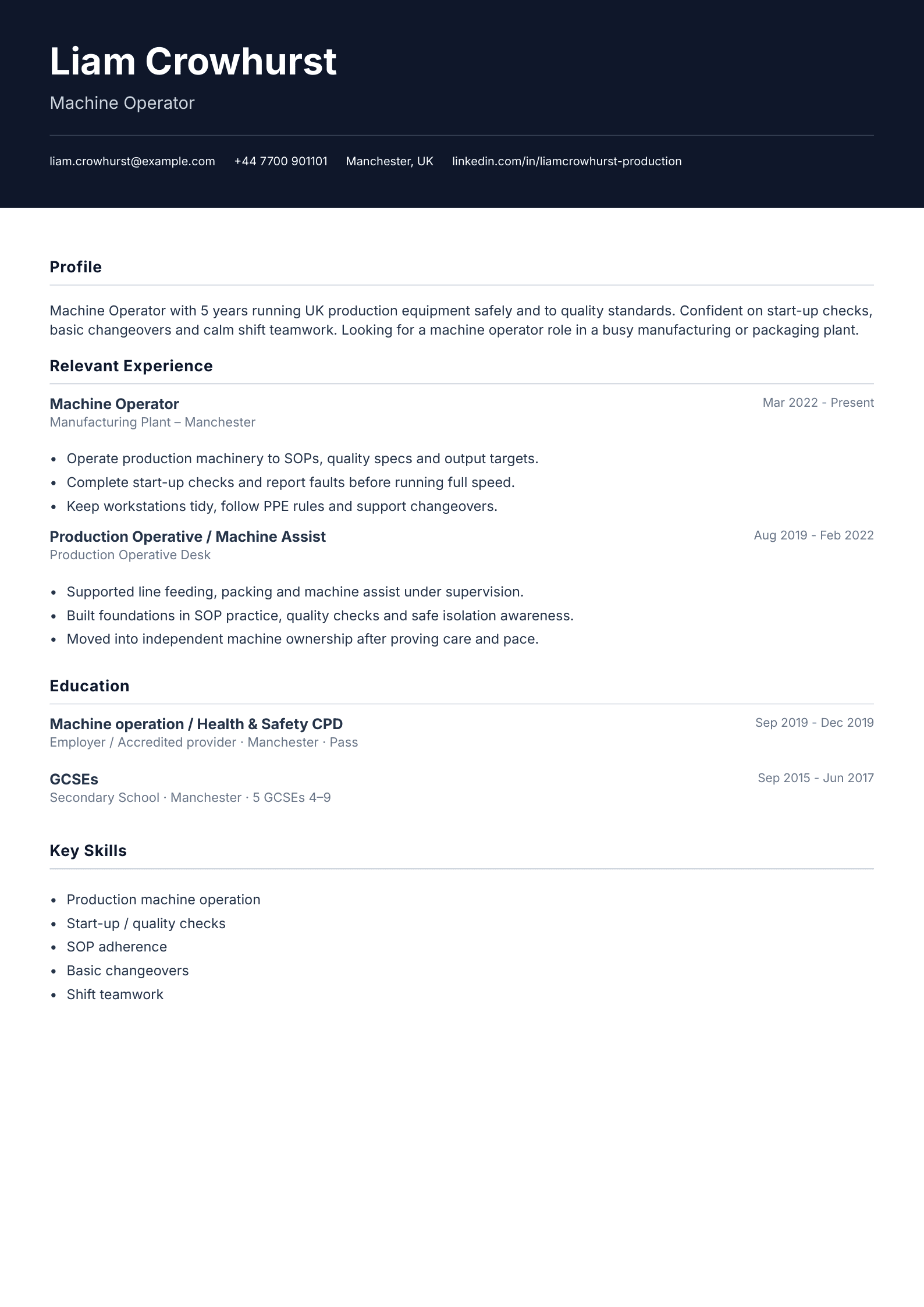 Machine operator CV template