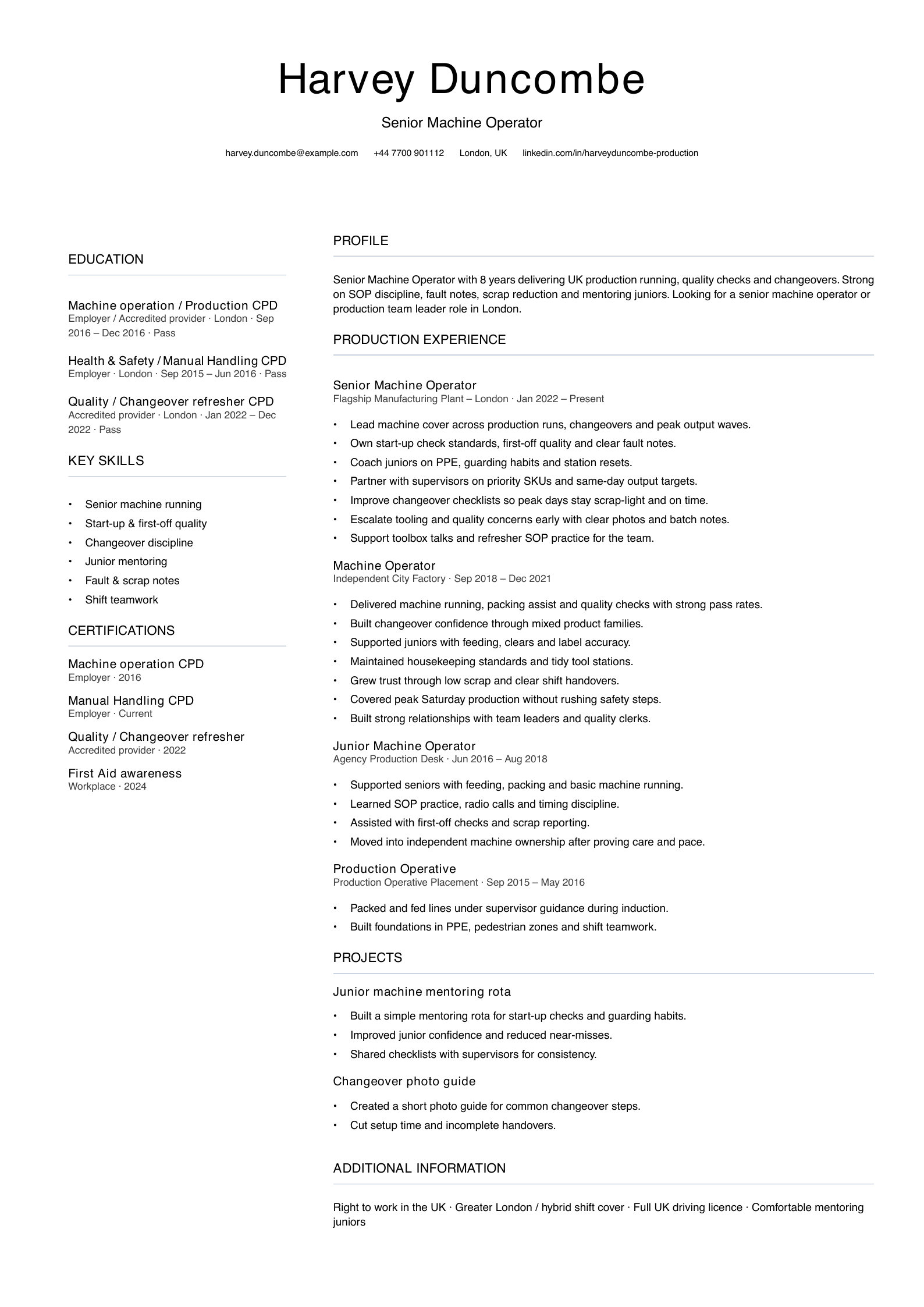 senior machine operator CV template