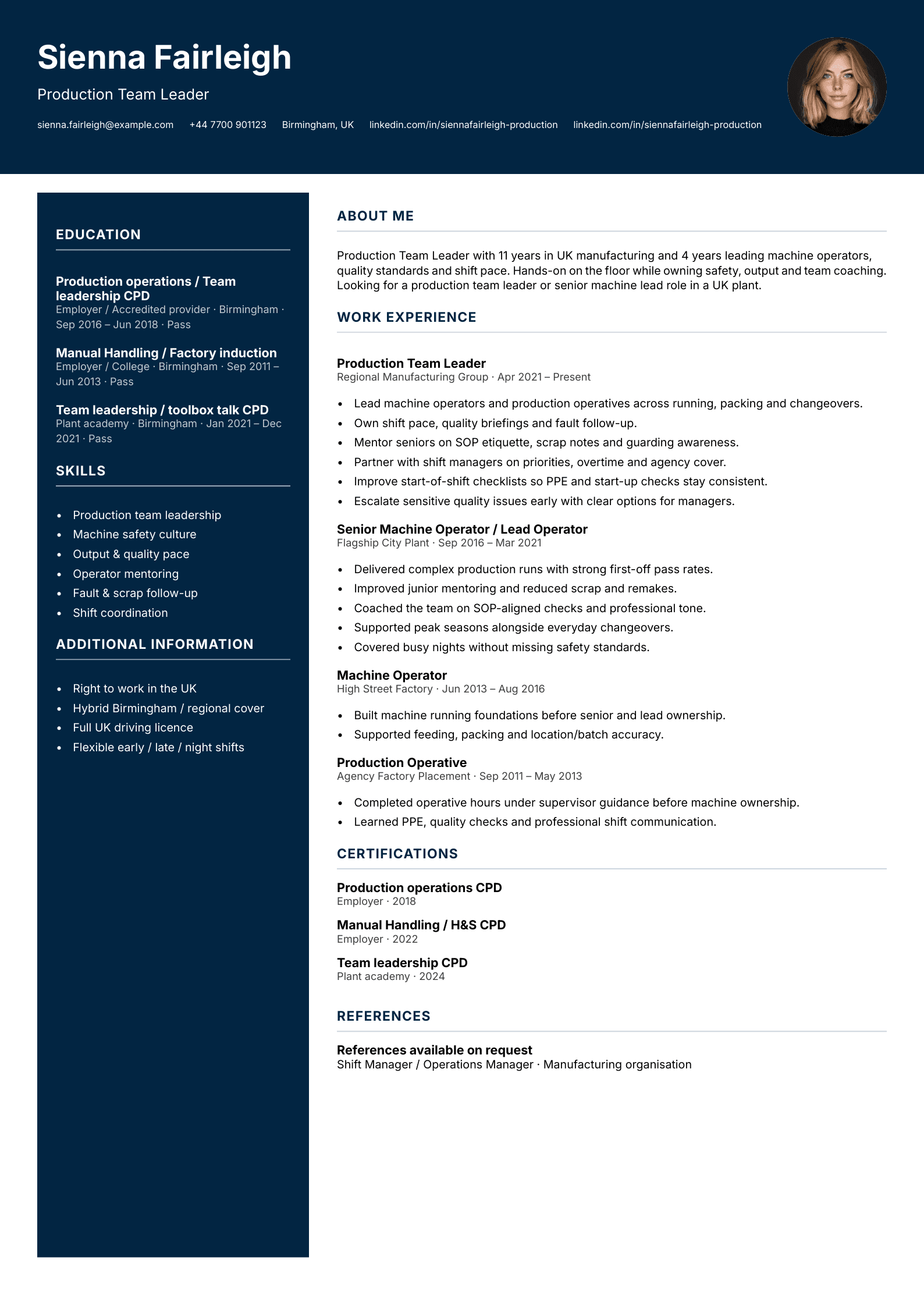 Production team leader CV template