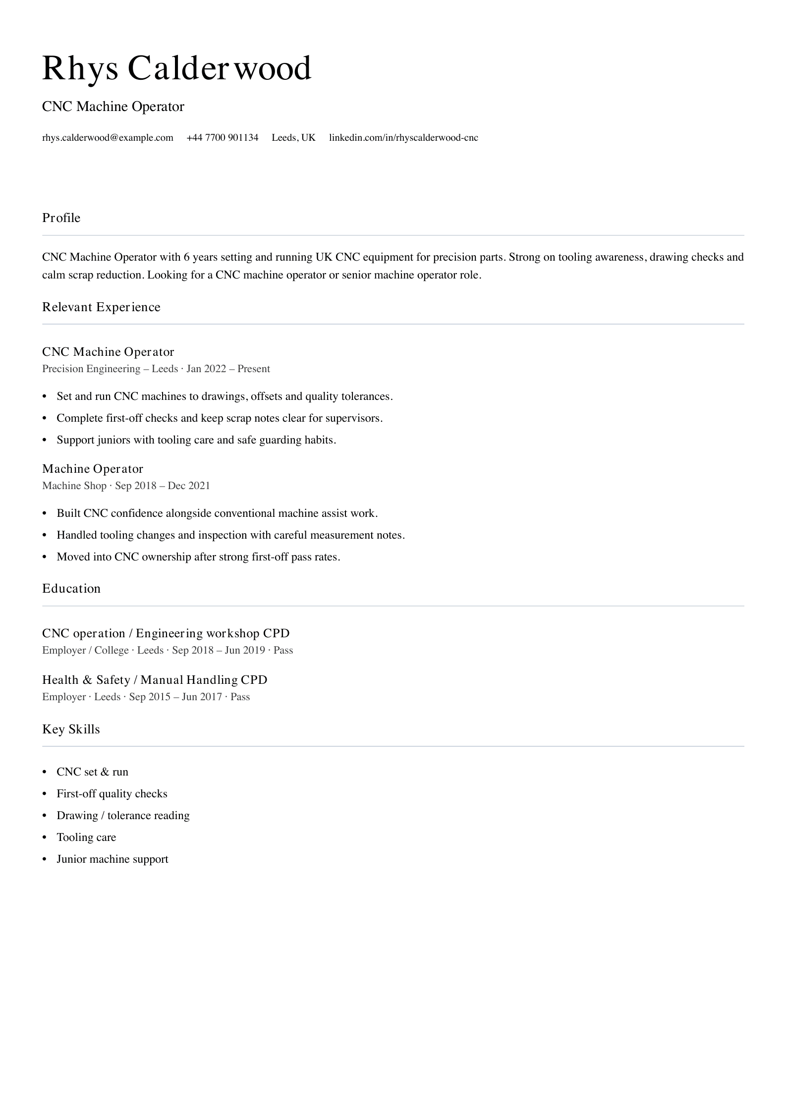 CNC machine operator CV template