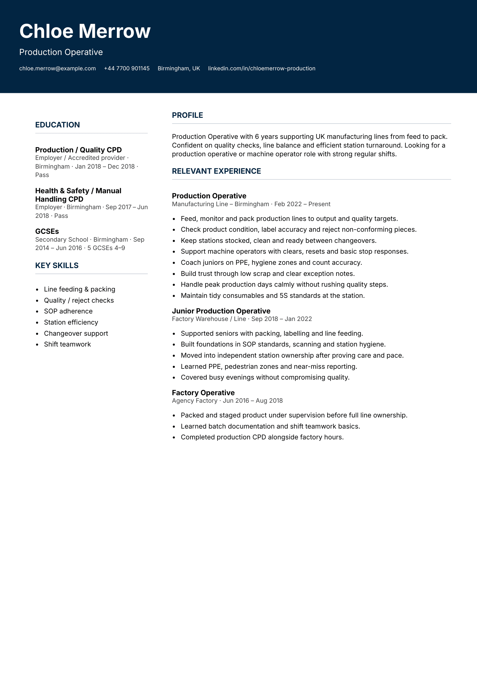 production operative CV template