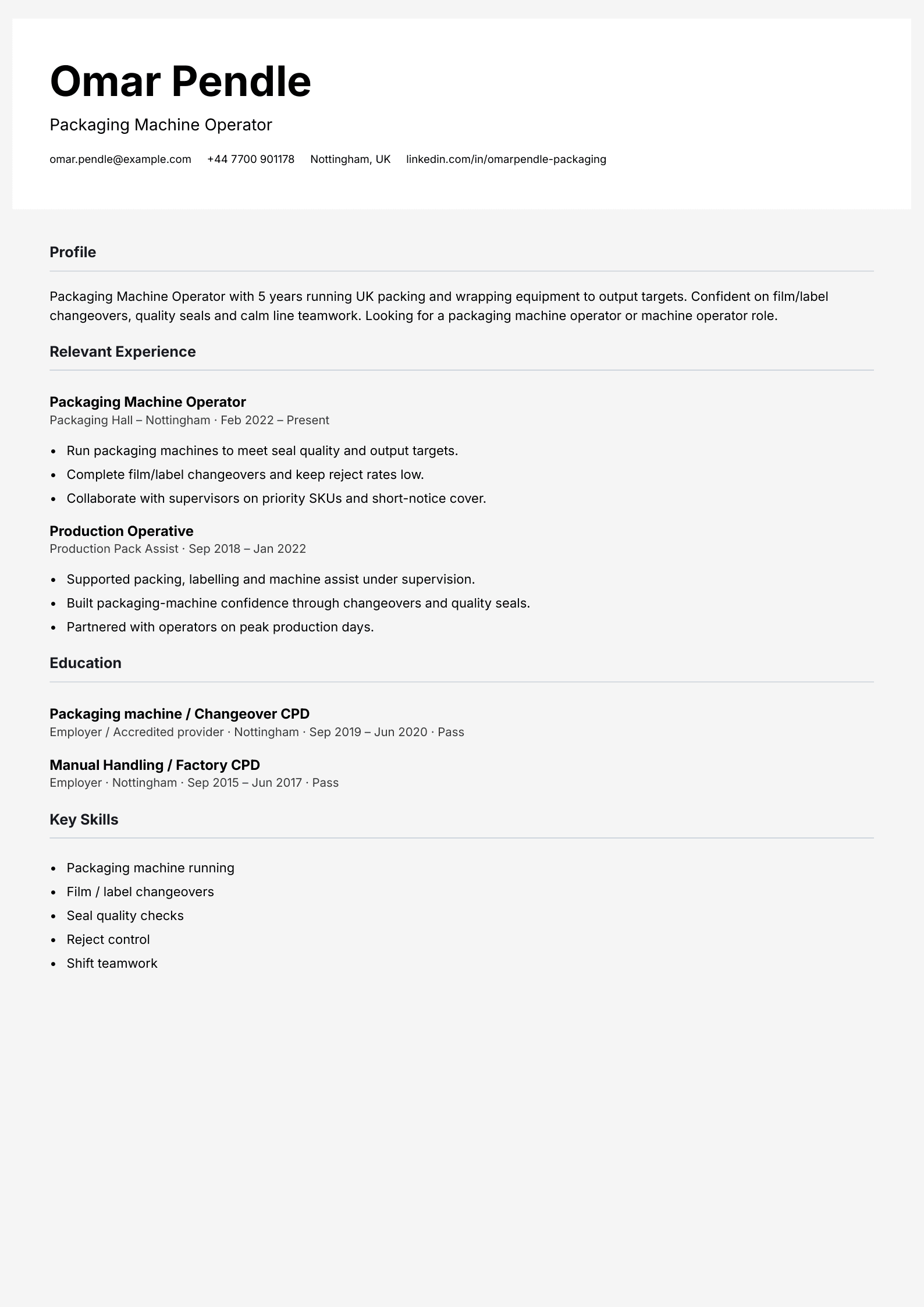 packaging machine operator CV template