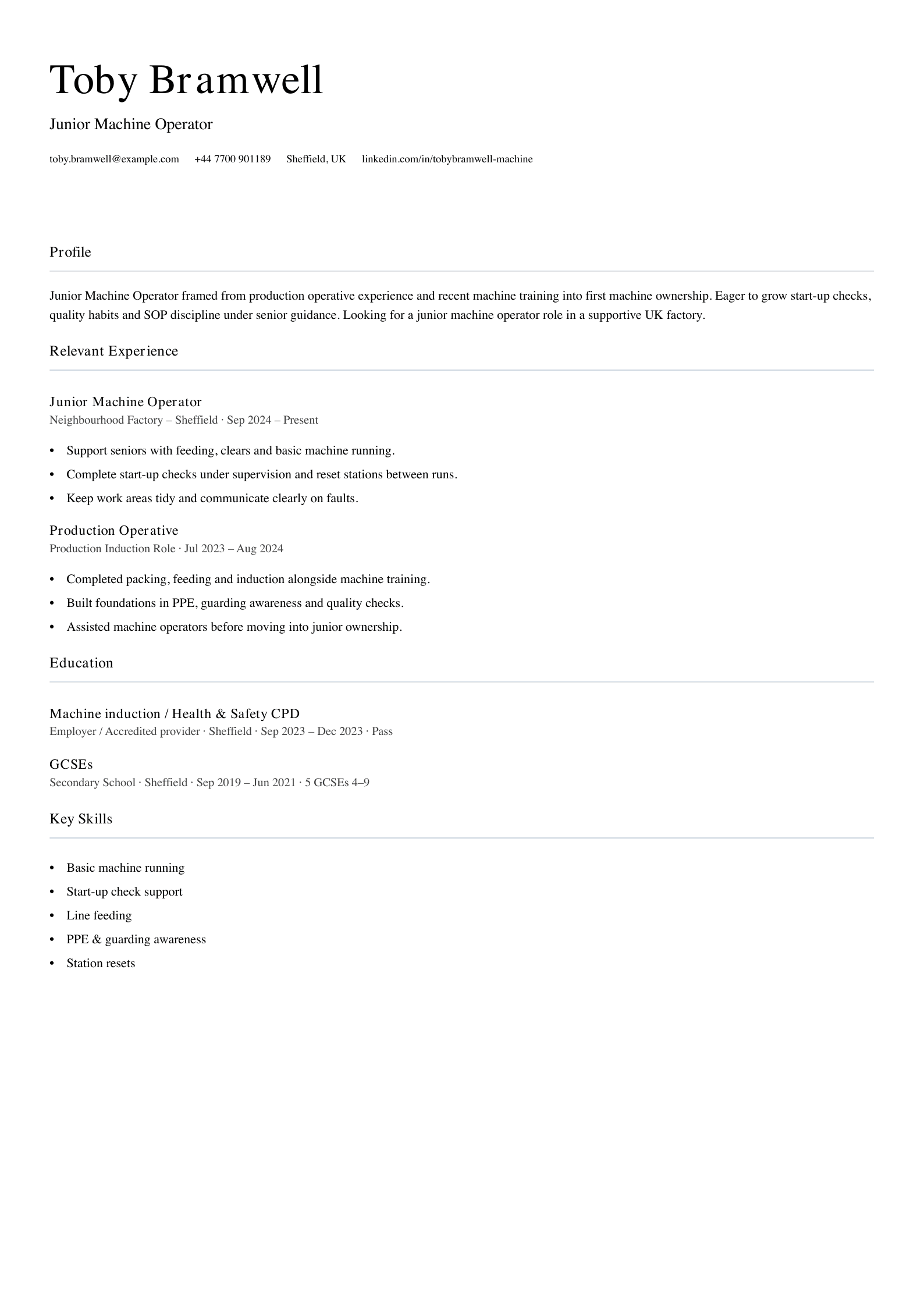 junior machine operator CV template