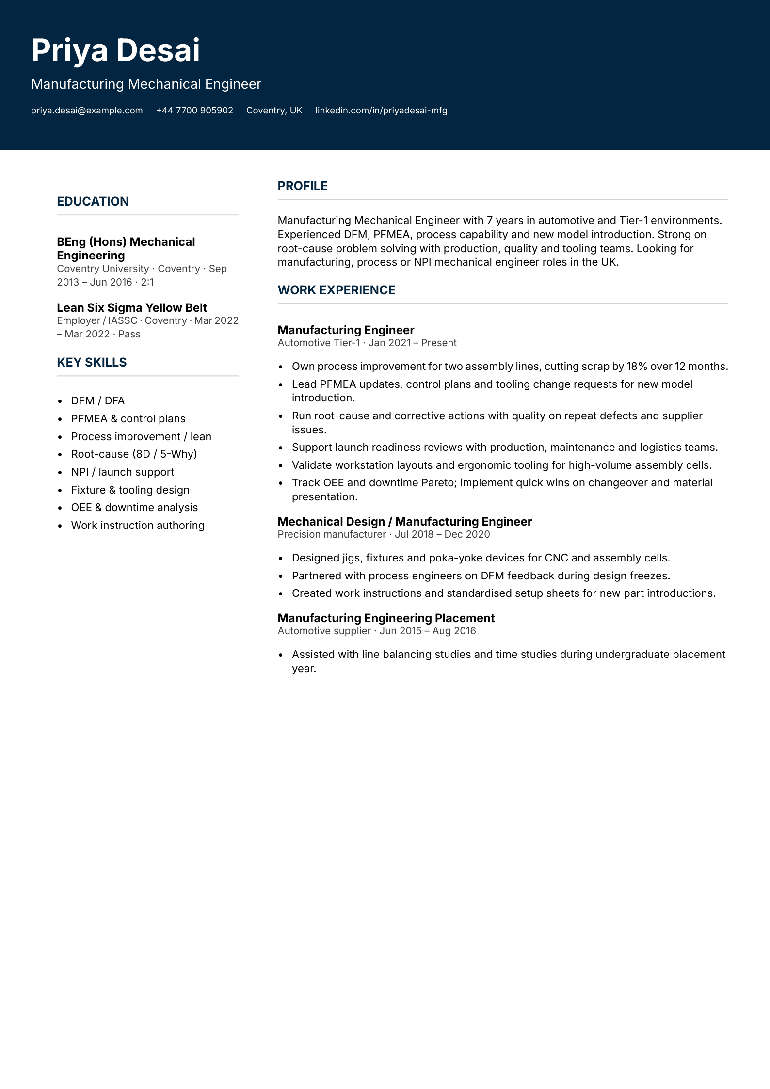 manufacturing mechanical engineer cv template