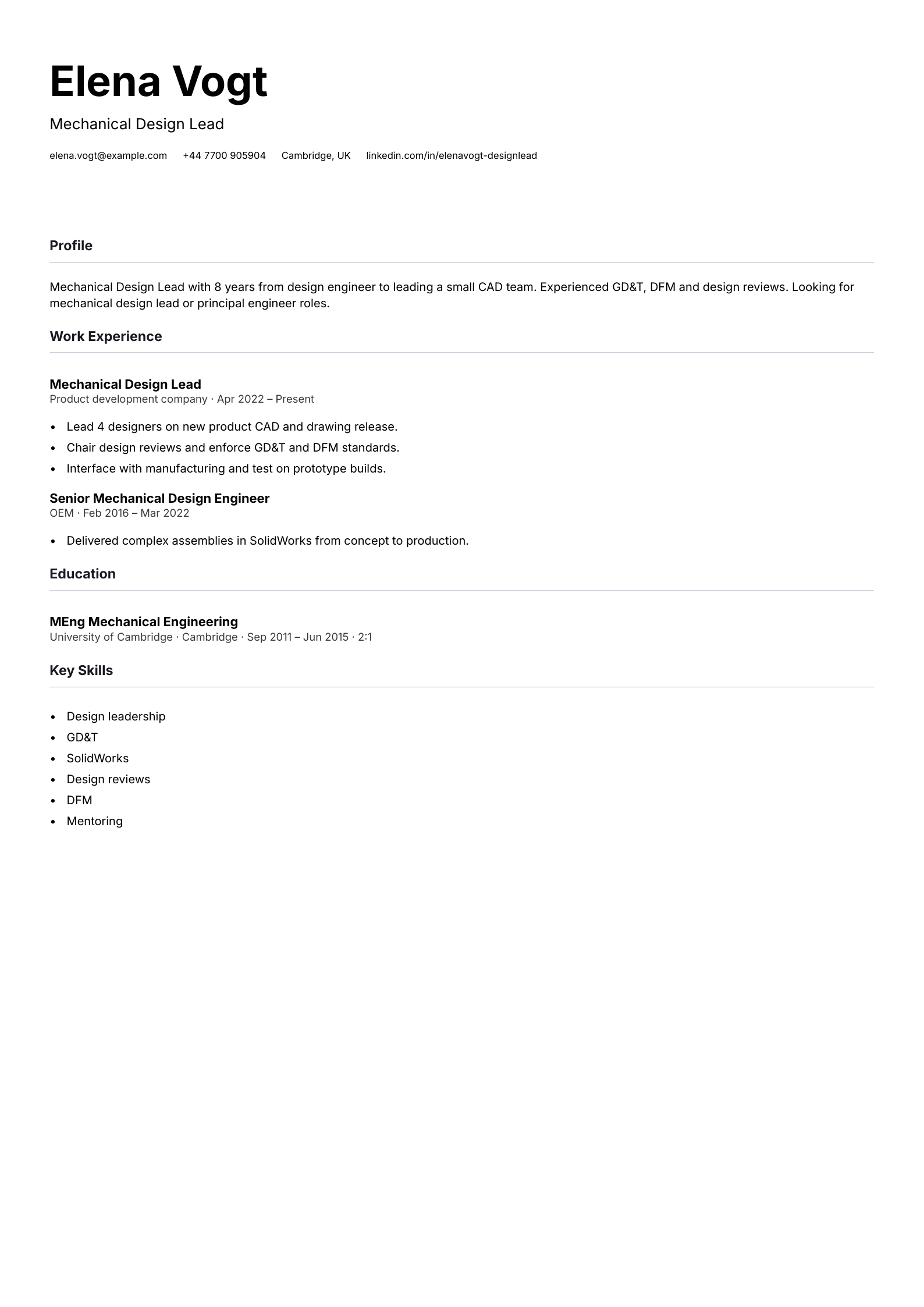 mechanical design lead cv template