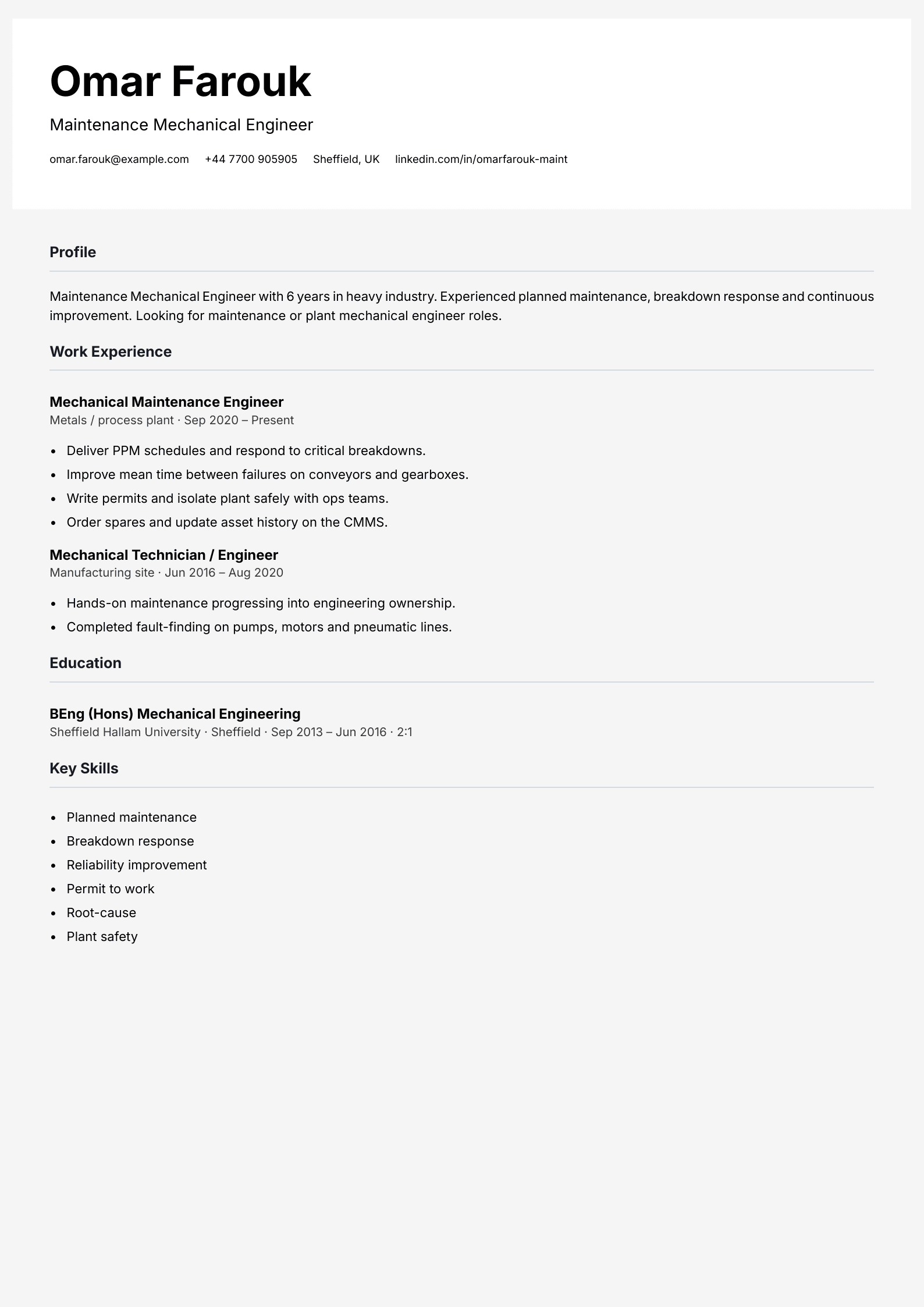 maintenance mechanical engineer cv template