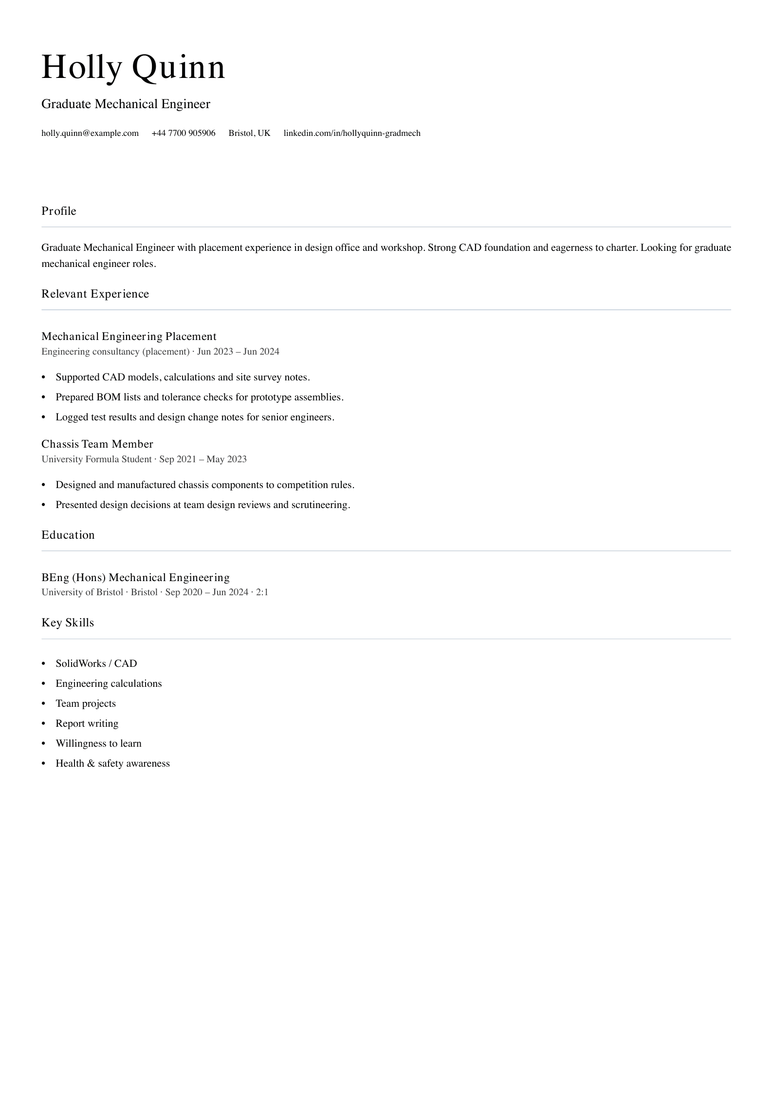 graduate mechanical engineer cv template