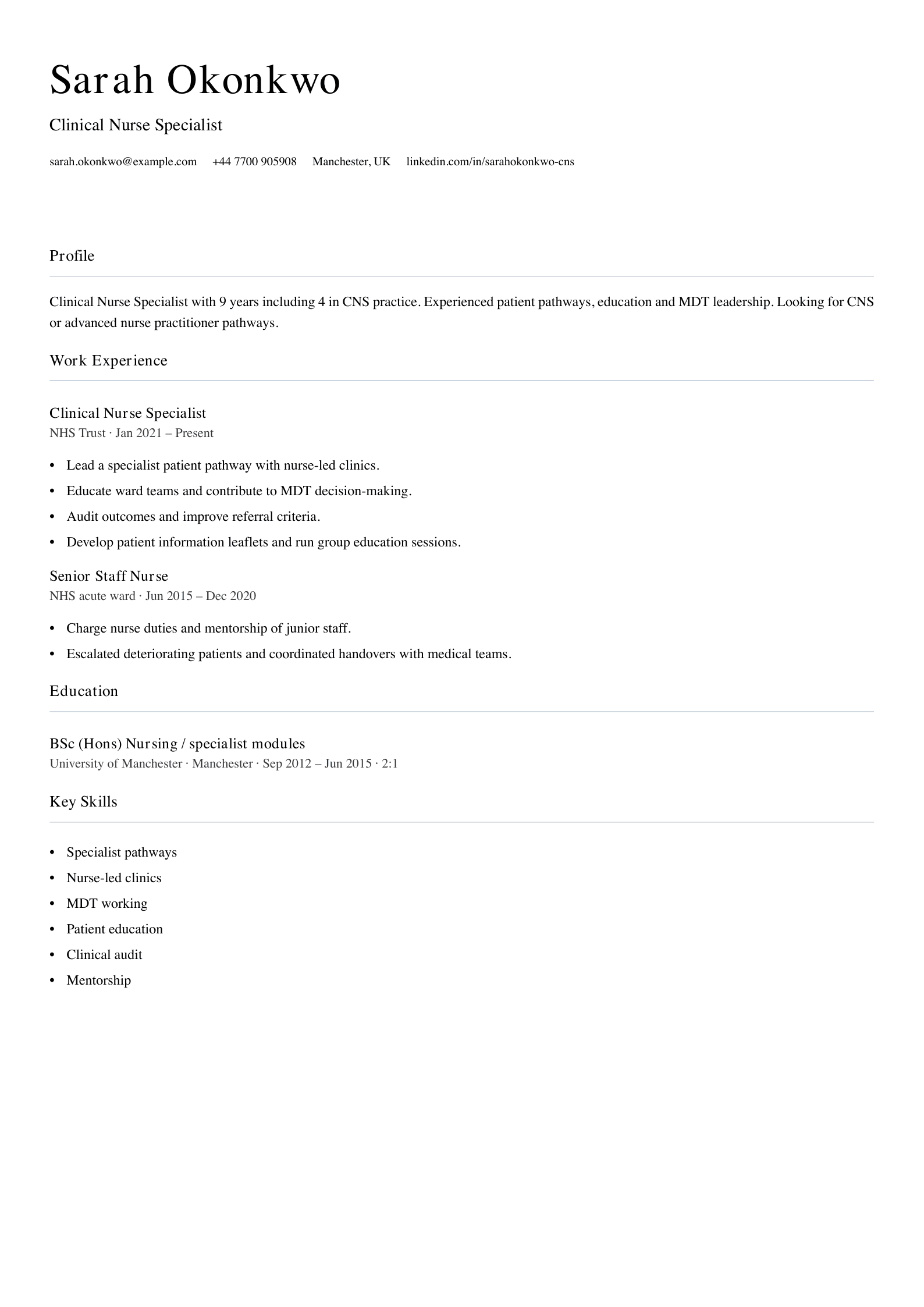 free medical cv template clinical nurse specialist
