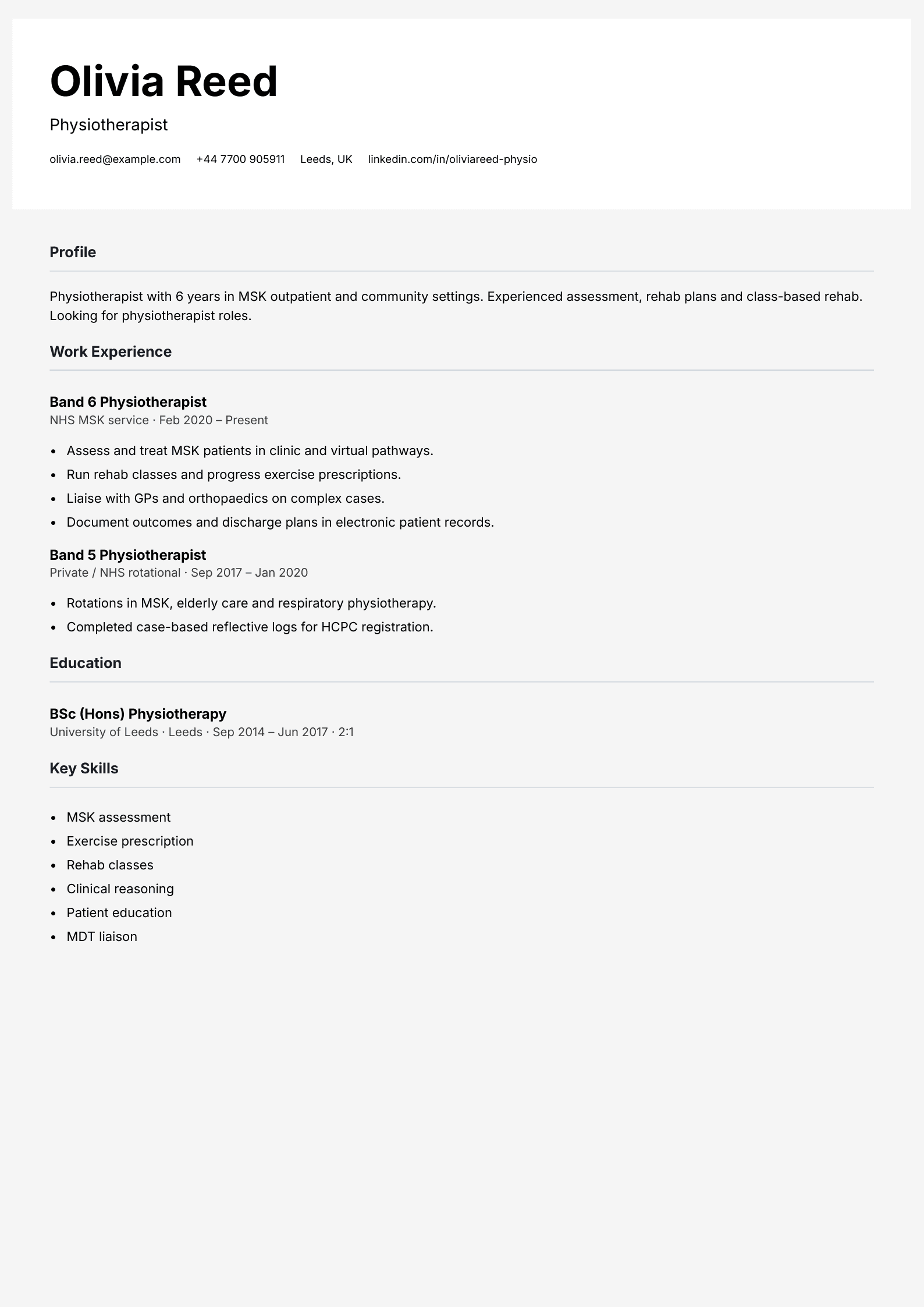 free medical cv template physiotherapist