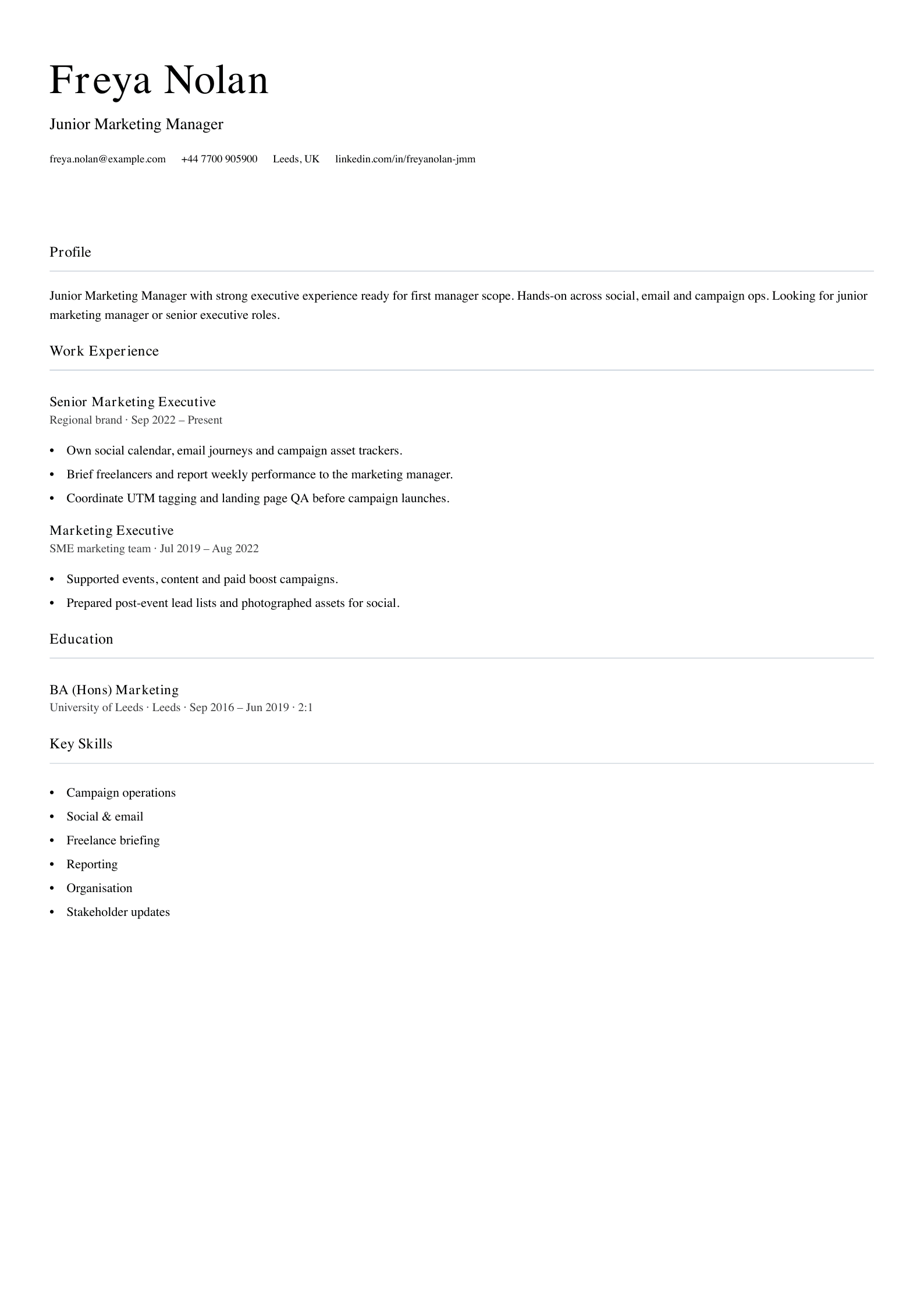 junior marketing manager cv template