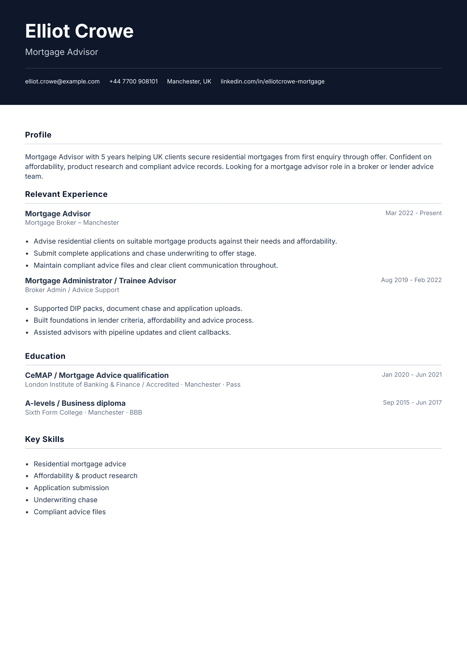 Mortgage advisor CV template