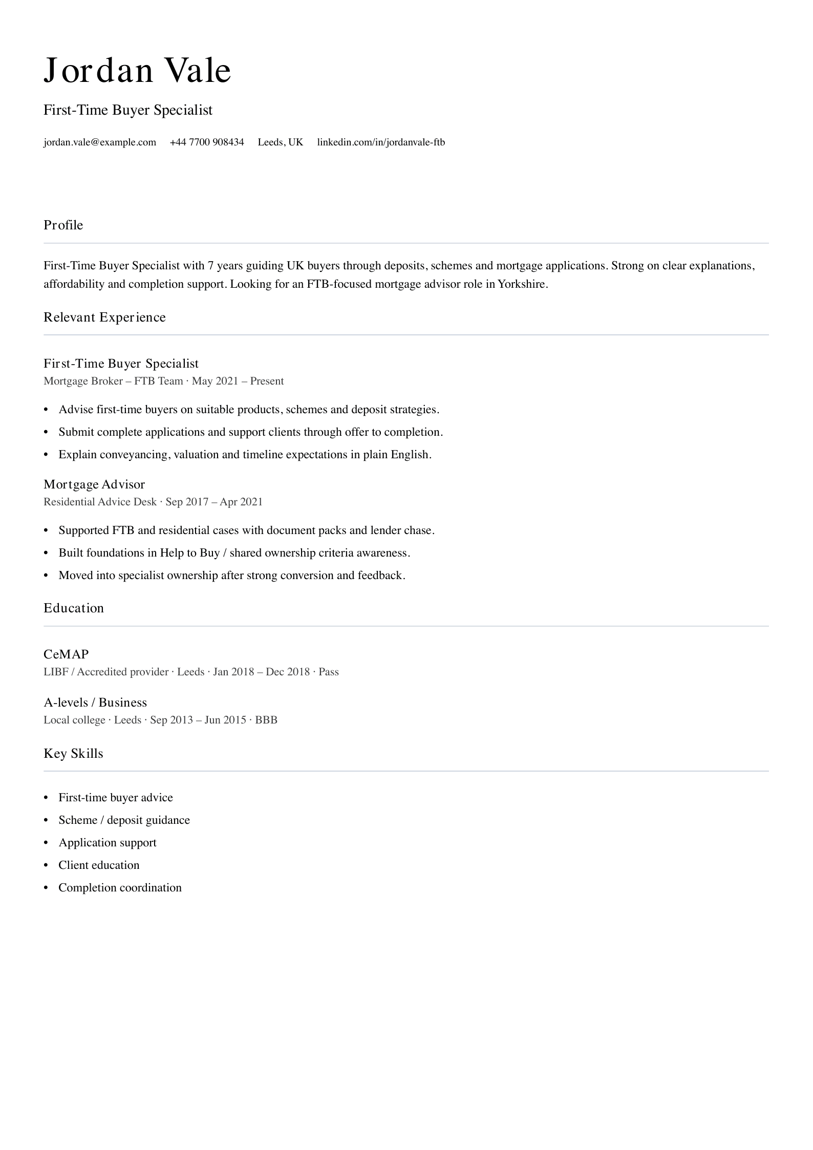 First-time buyer specialist CV template