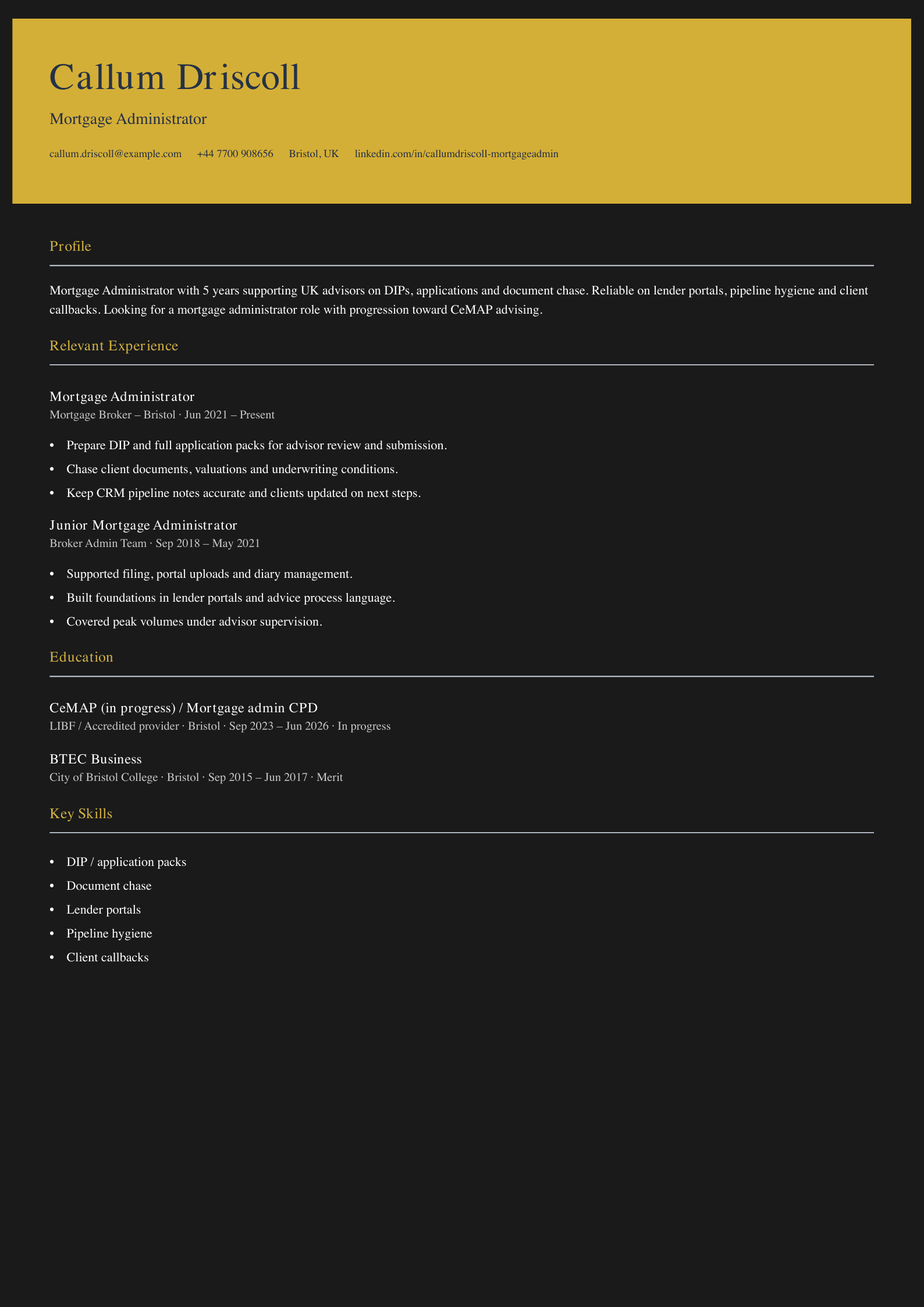 mortgage administrator CV template