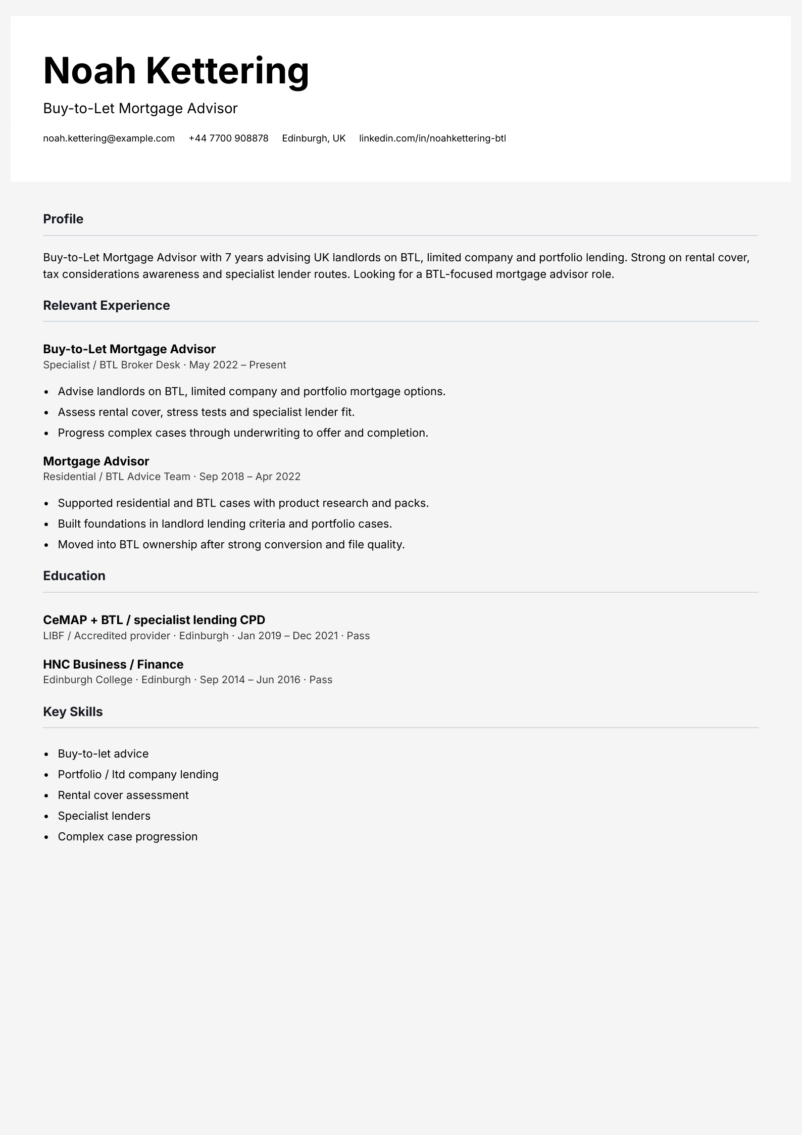 buy-to-let mortgage advisor CV template