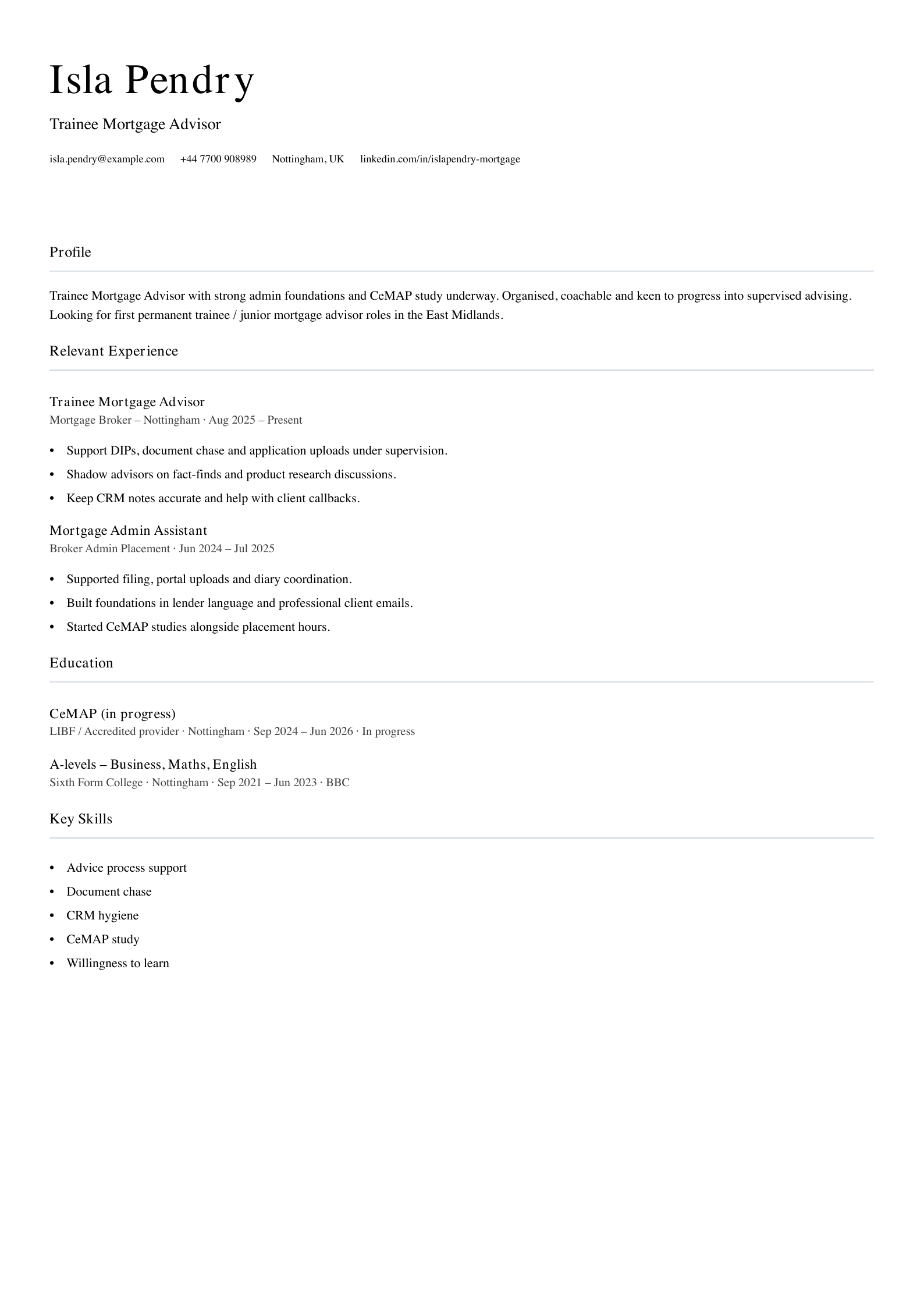 trainee mortgage advisor CV template