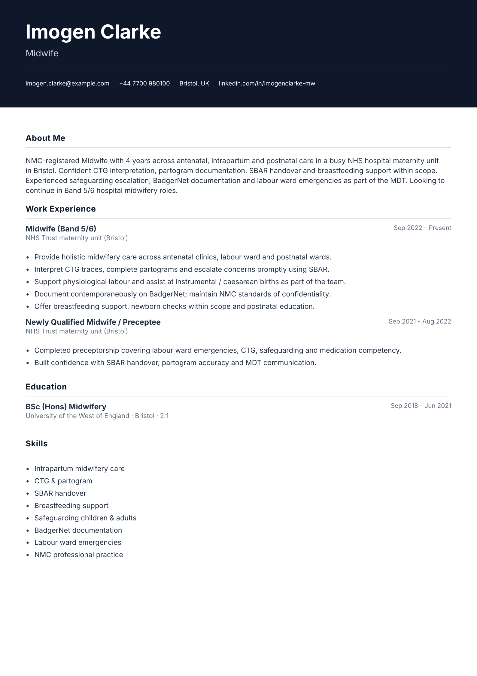 NHS hospital midwife CV template