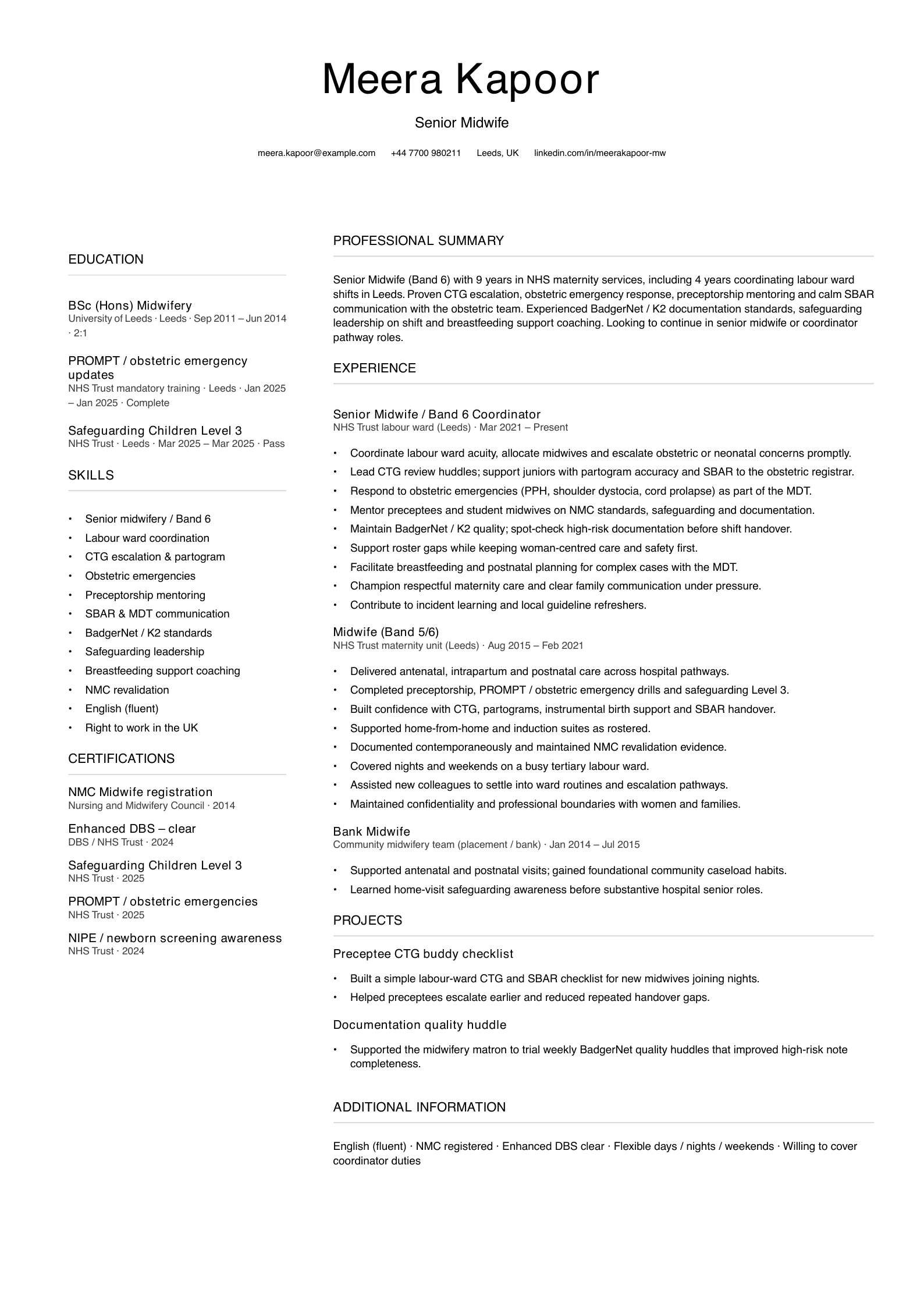 senior midwife cv template