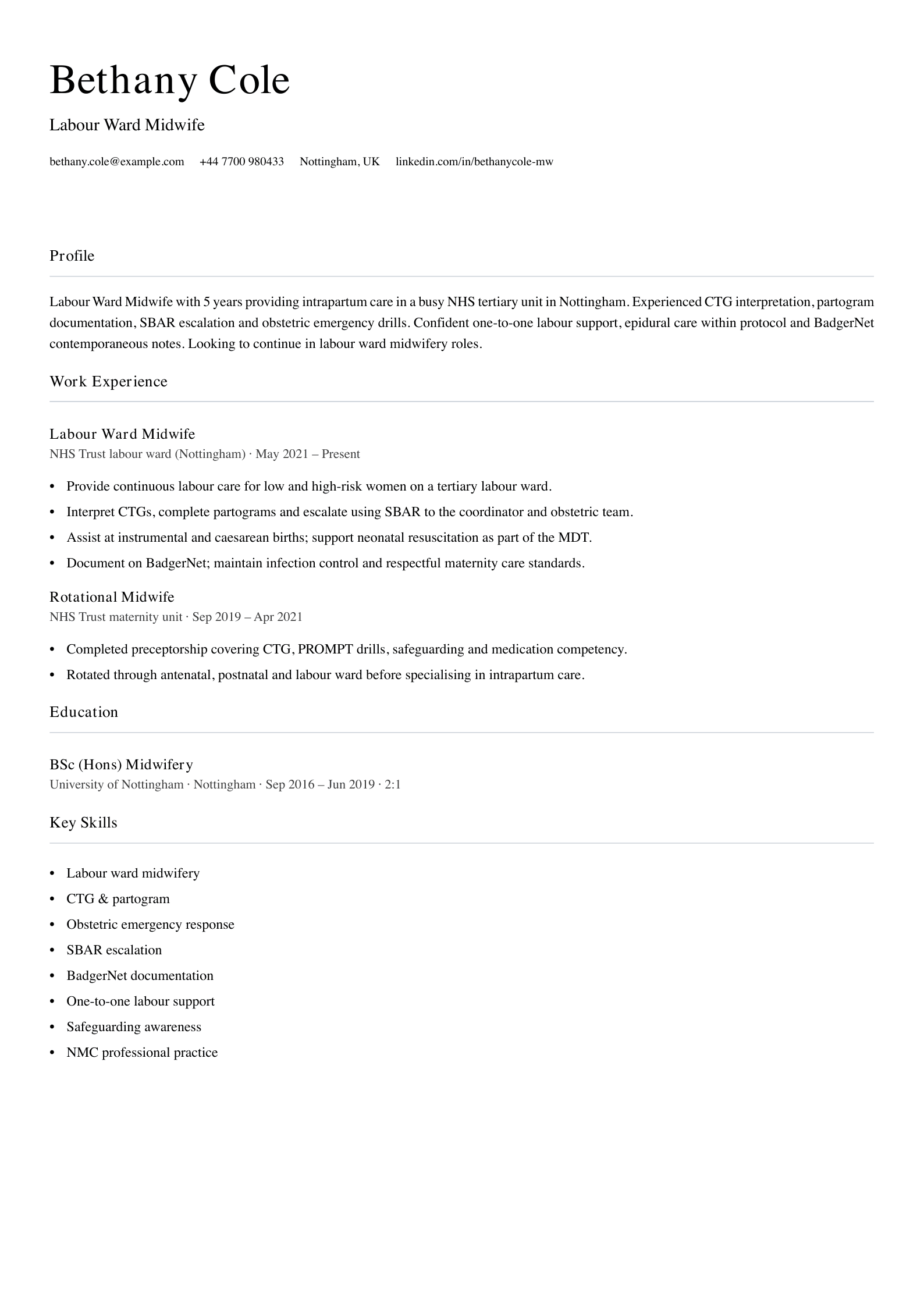 labour ward midwife cv template