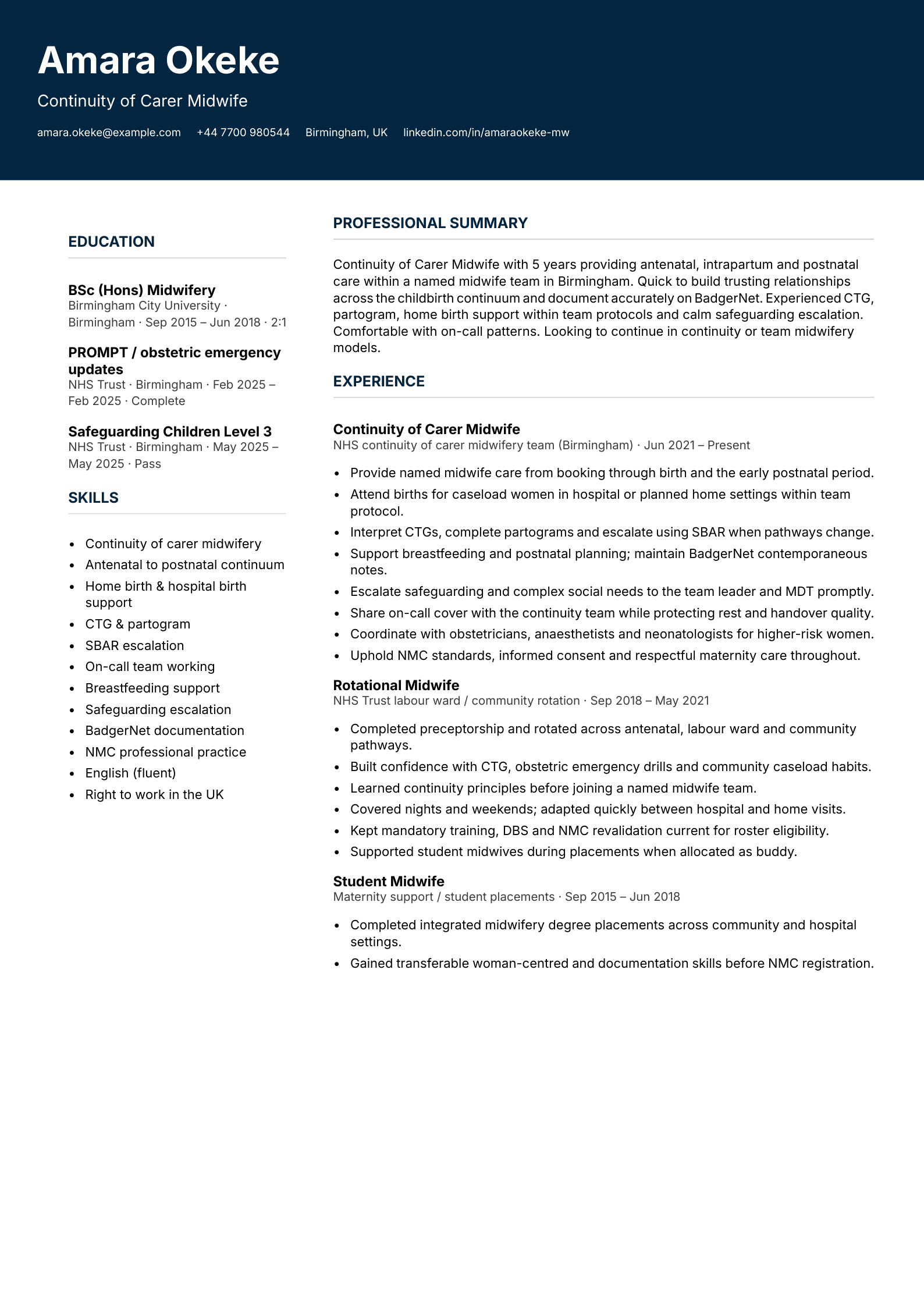 Continuity of carer midwife CV template