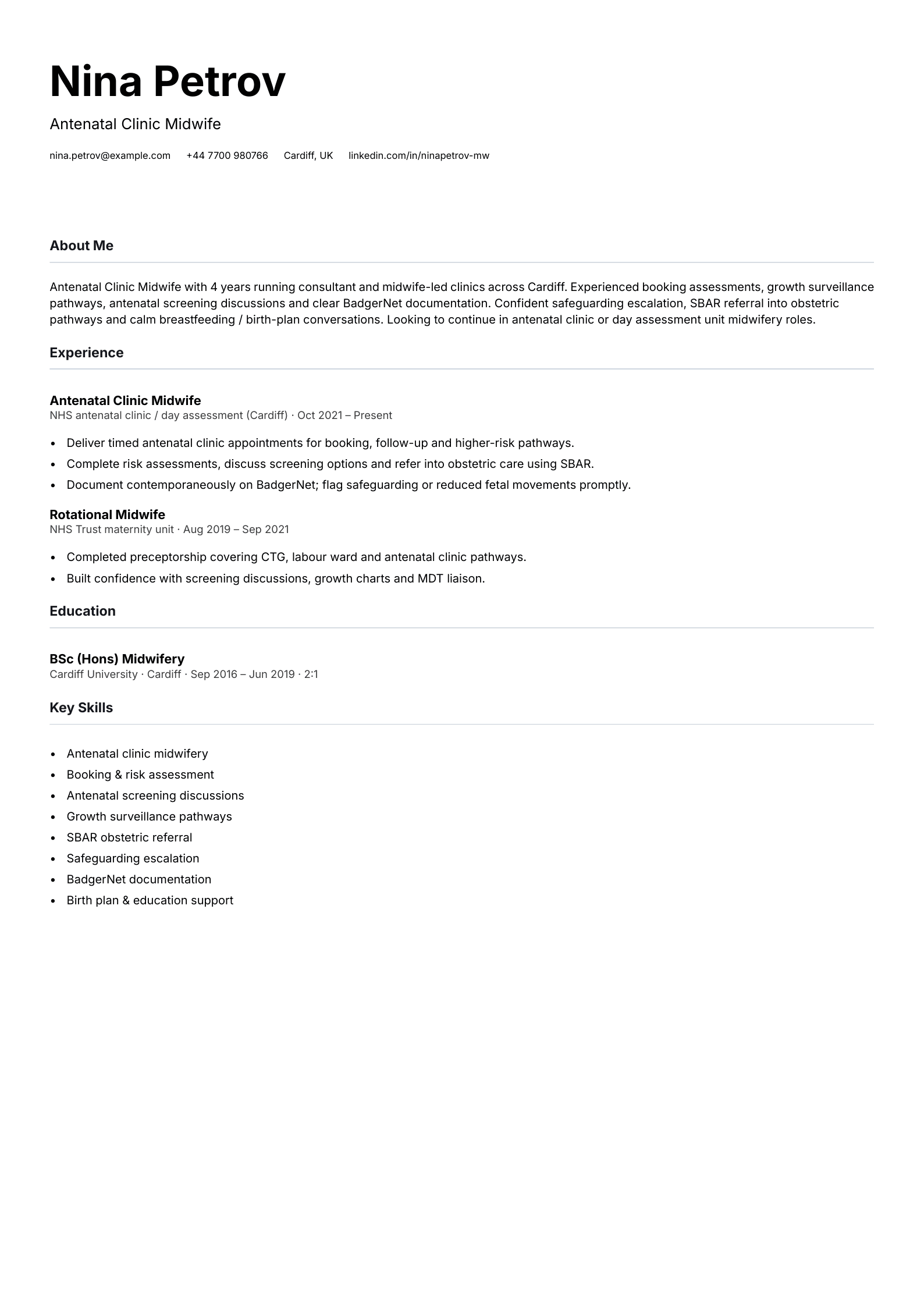 antenatal clinic midwife cv template