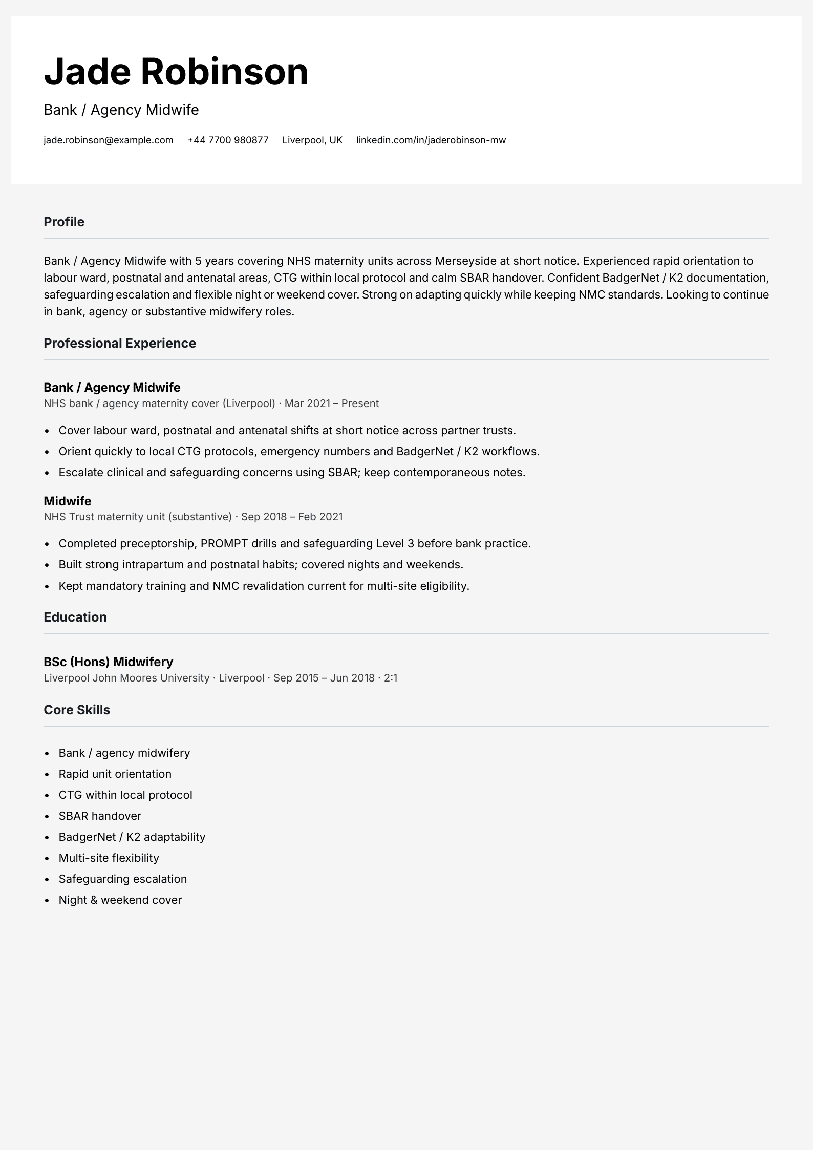 bank agency midwife cv template