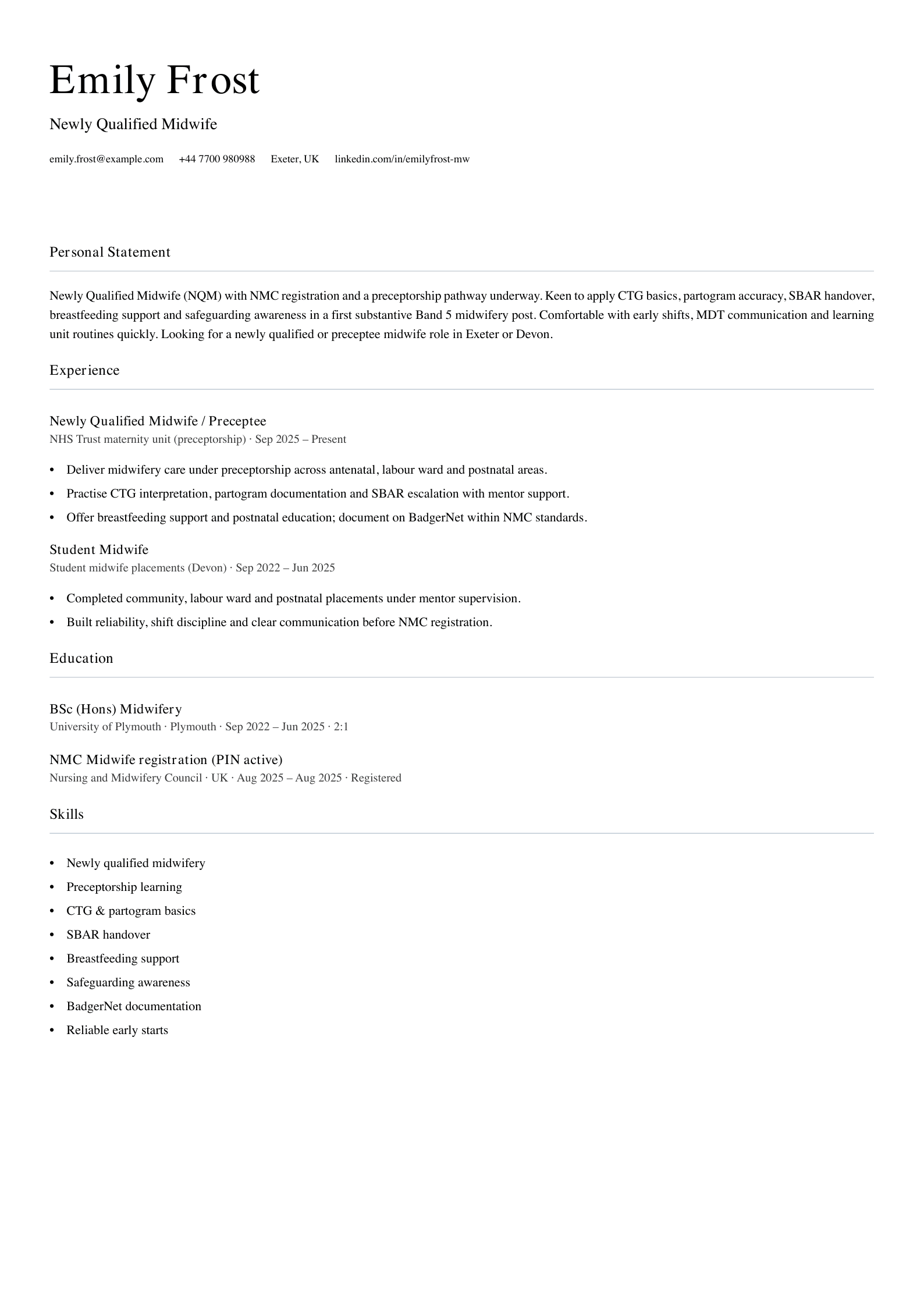newly qualified midwife cv template