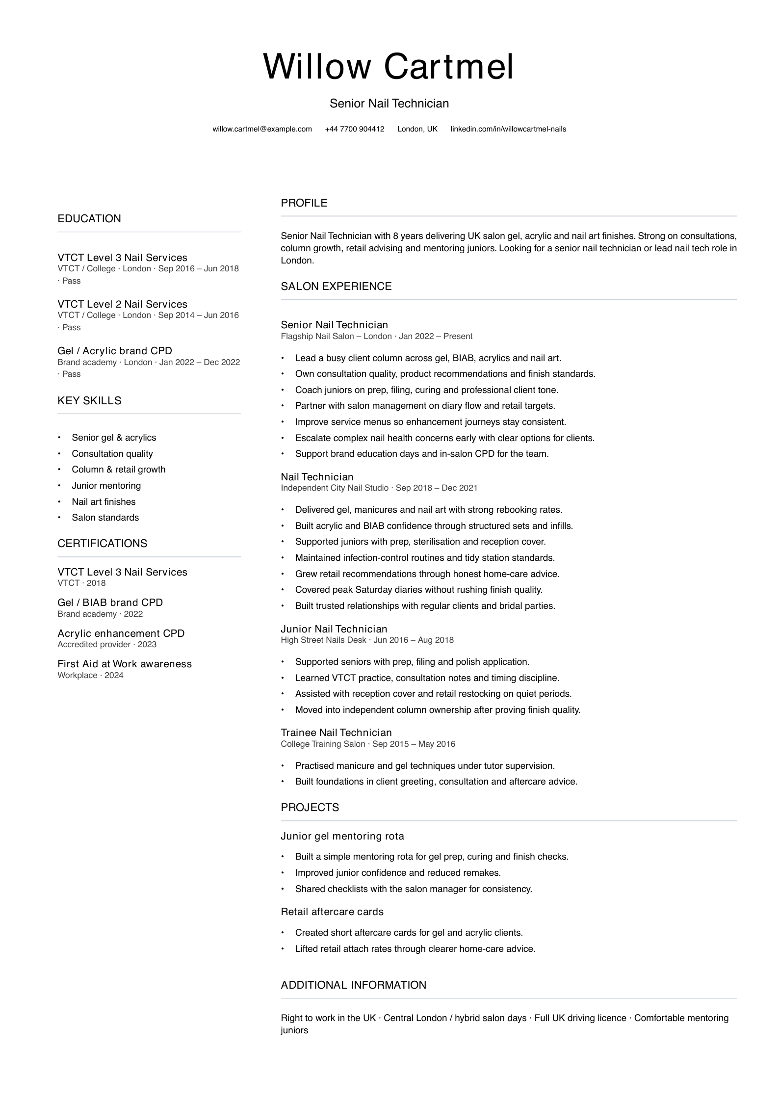 senior nail technician CV template