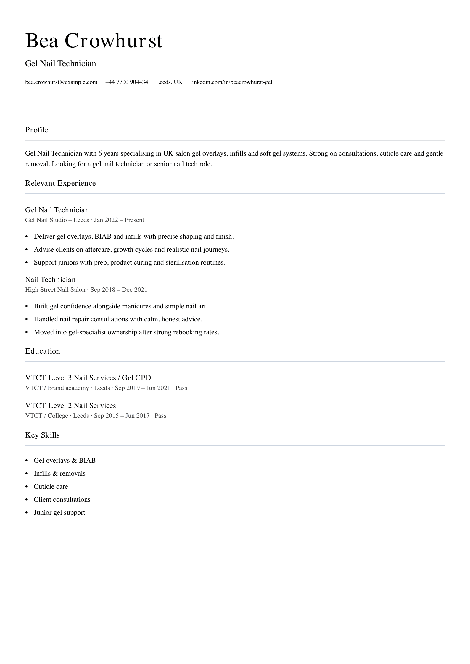 Gel nail technician CV template
