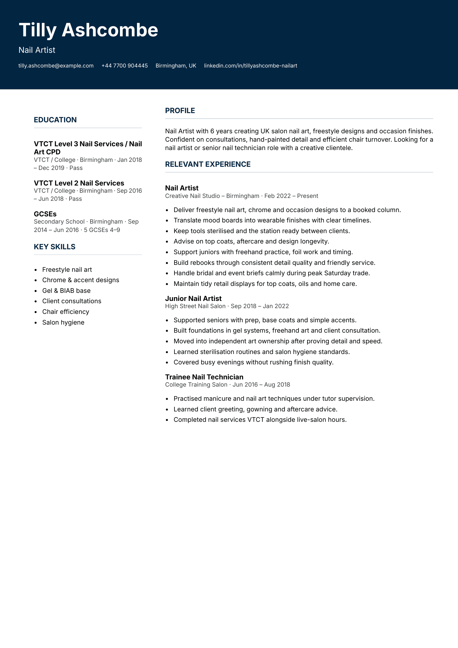 nail artist CV template
