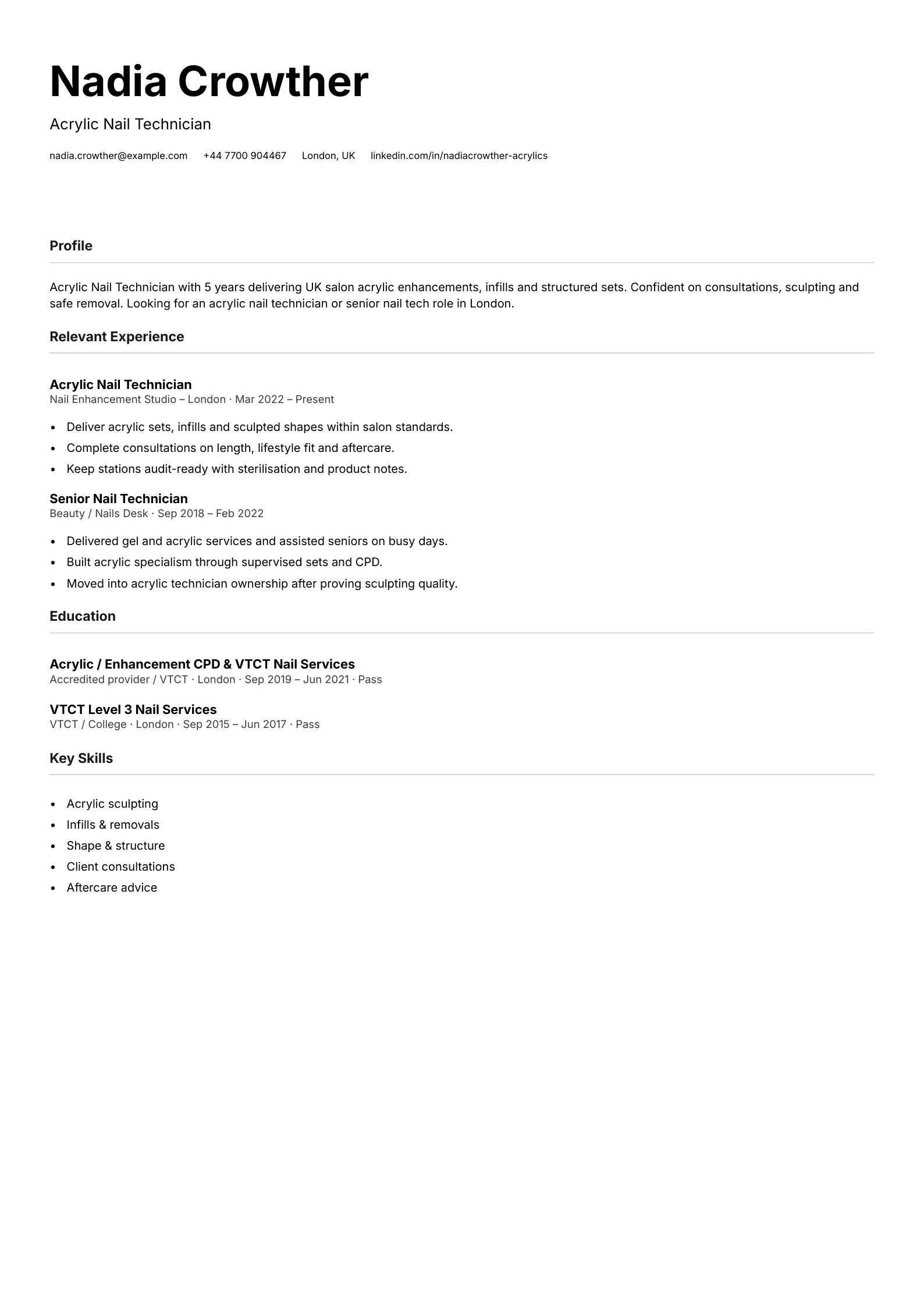 acrylic nail technician CV template