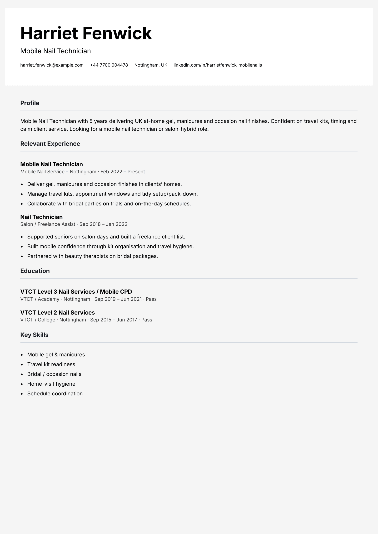 mobile nail technician CV template