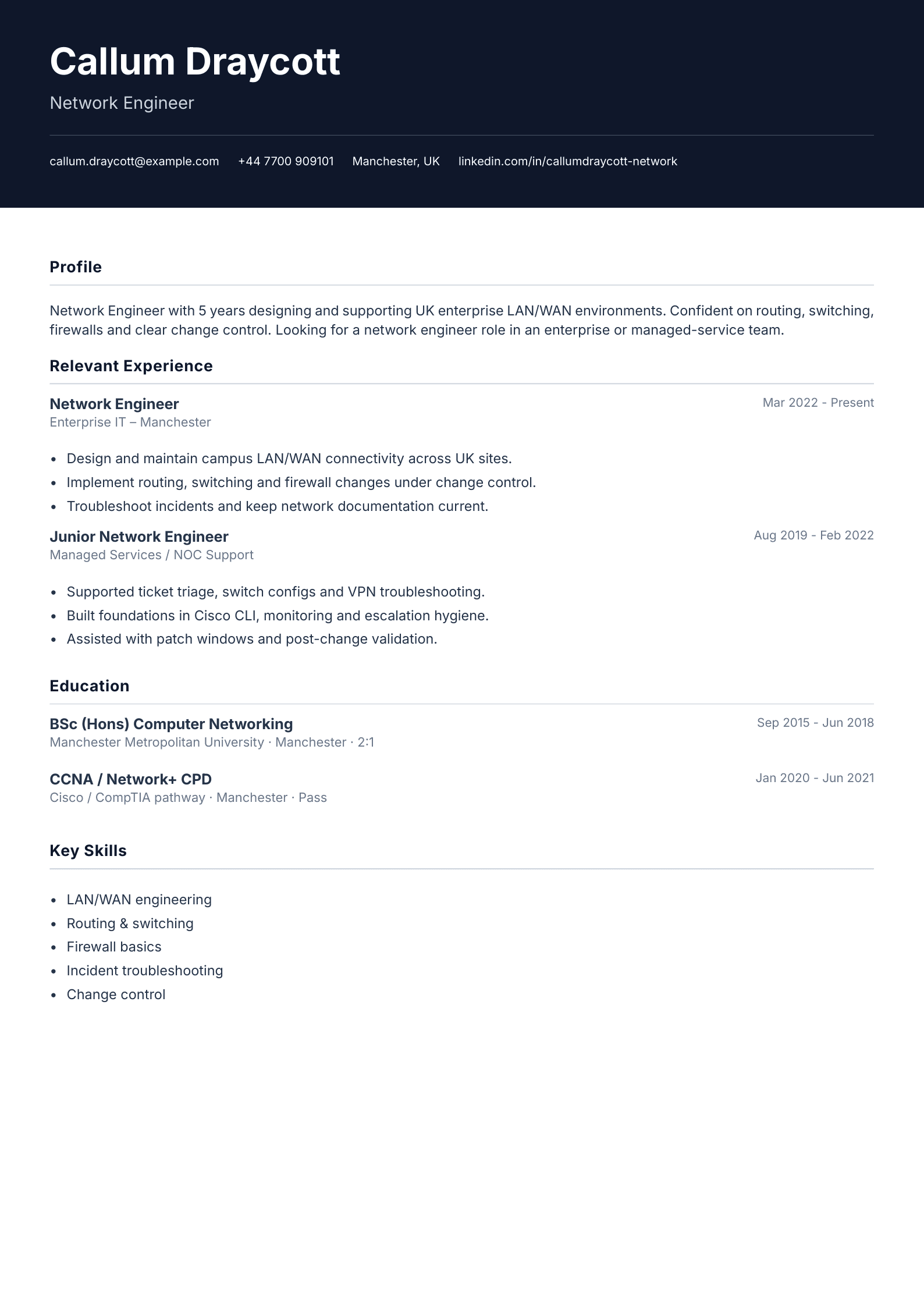 Network engineer CV template