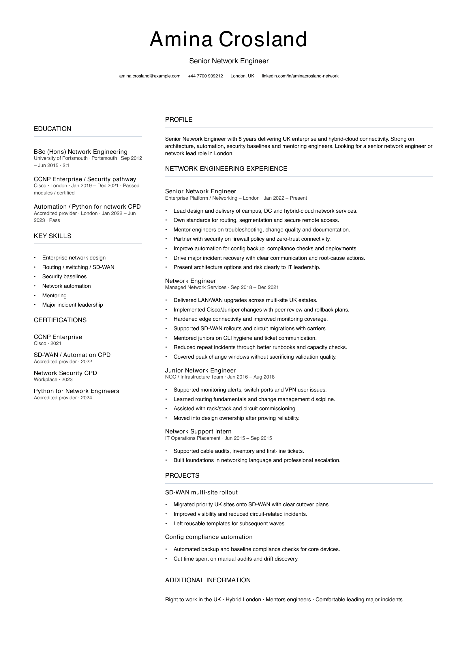 senior network engineer CV template