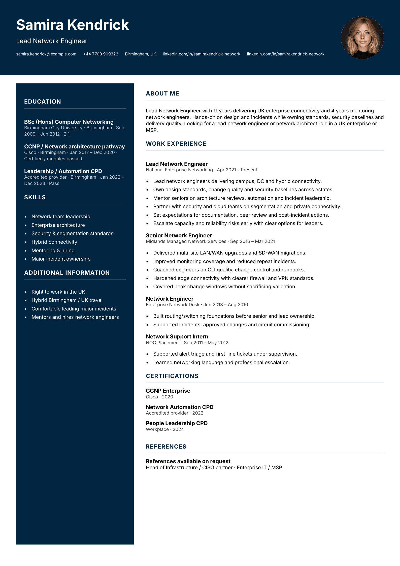 Lead network engineer CV template
