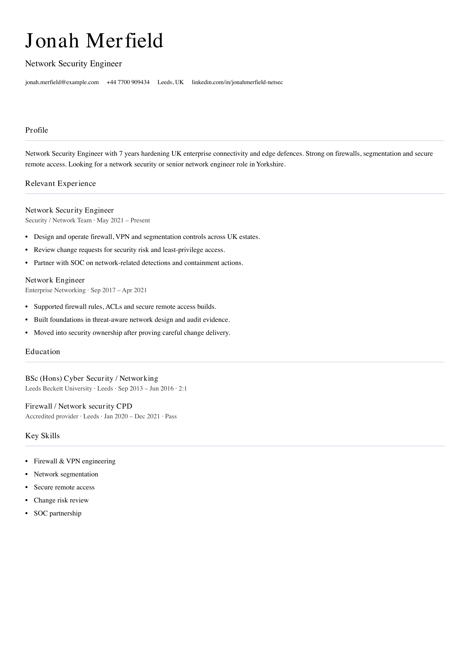 Network security engineer CV template