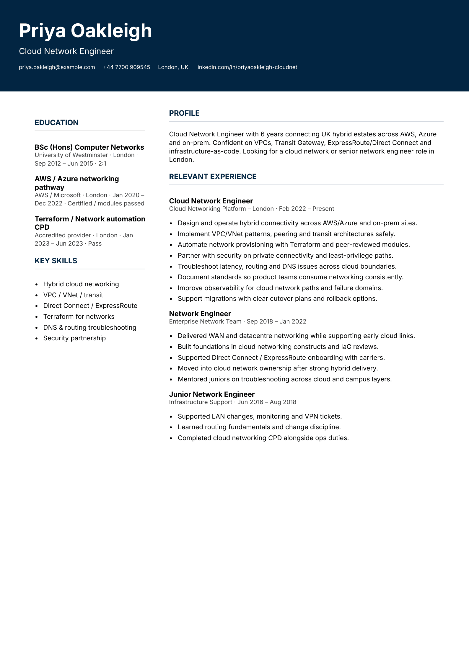 cloud network engineer CV template