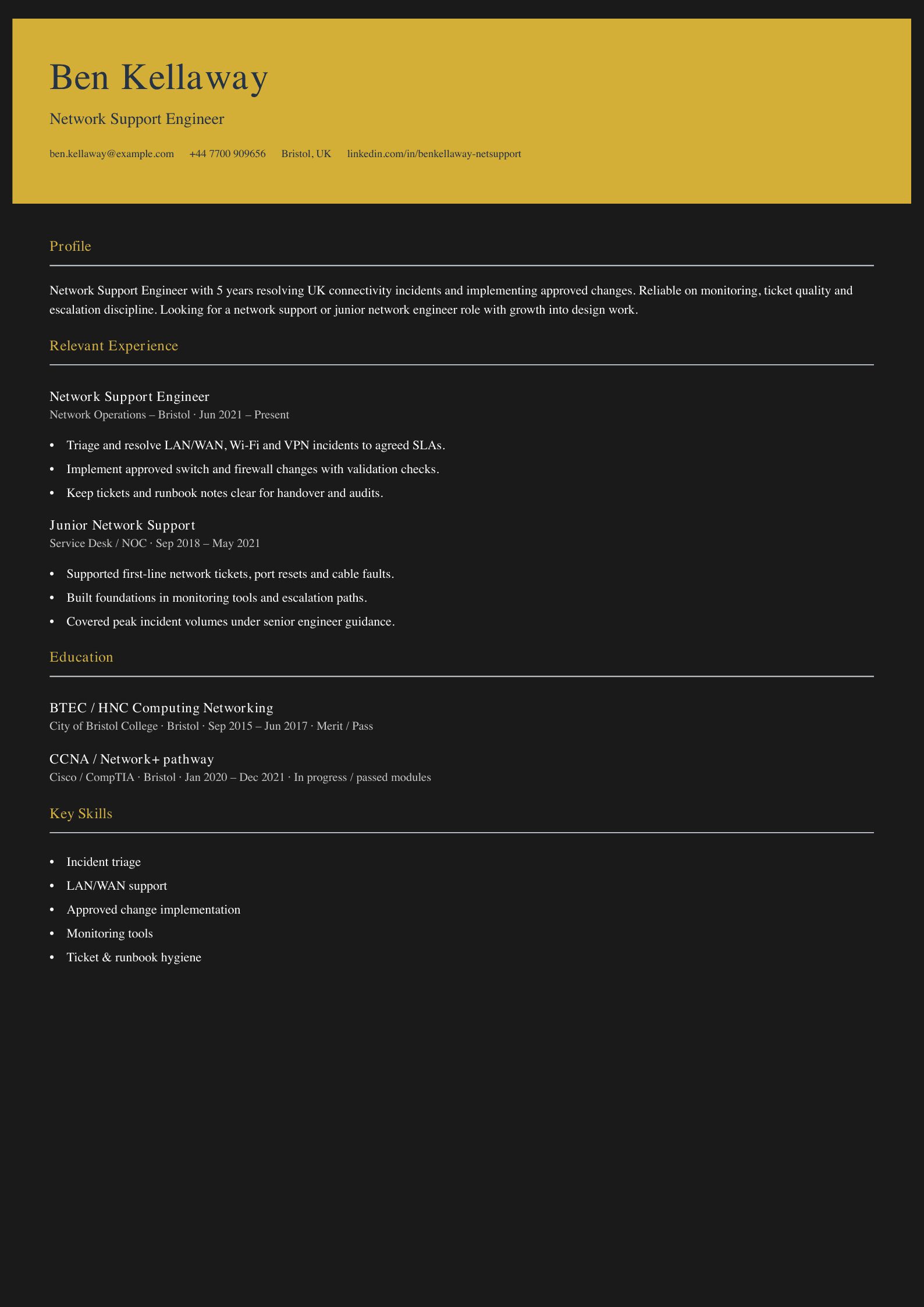 network support engineer CV template