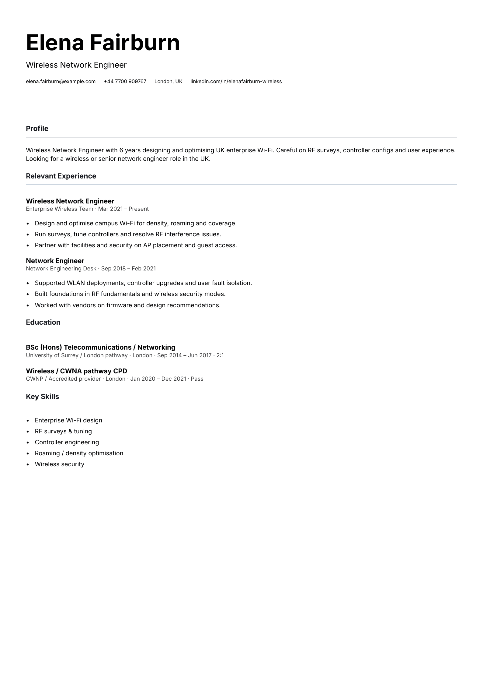 wireless network engineer CV template